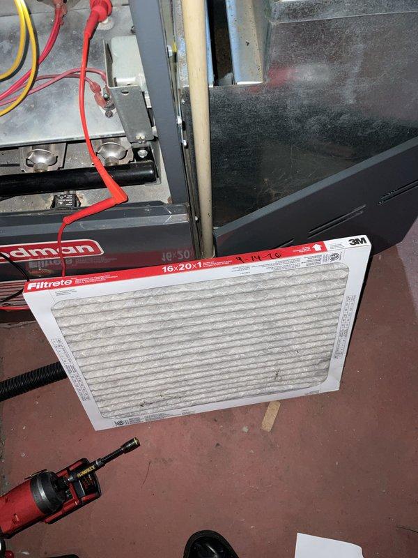 Completed preventive maintenance tune-up on residential HVAC system. Inspected and serviced unit components, checked electrical connections and wiring for proper operation. Evaluated existing 16x20x1 Filtrete air filter showing moderate dust accumulation and verified proper filter positioning within the air handler. Accessed internal components through service panel to perform standard maintenance procedures on heating and cooling equipment. System operational and running within normal parameters upon completion of service.