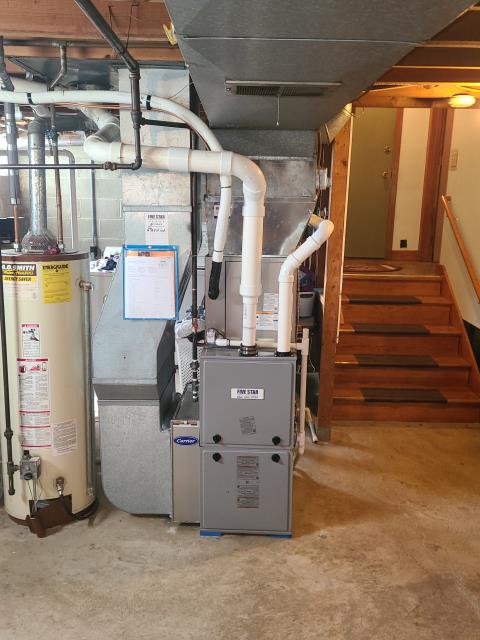 After removing the Rheem gas furnace and air conditioner, I installed a Five Star 95% 60,000 BTU Gas Furnace 3.5T 17" and a 	
Five Star 13 SEER 3 Ton Air Conditioner.  Cycled and monitored the system.  Operating normally at this time.  Included with the installation is a free 1 year service maintenance agreement. 
