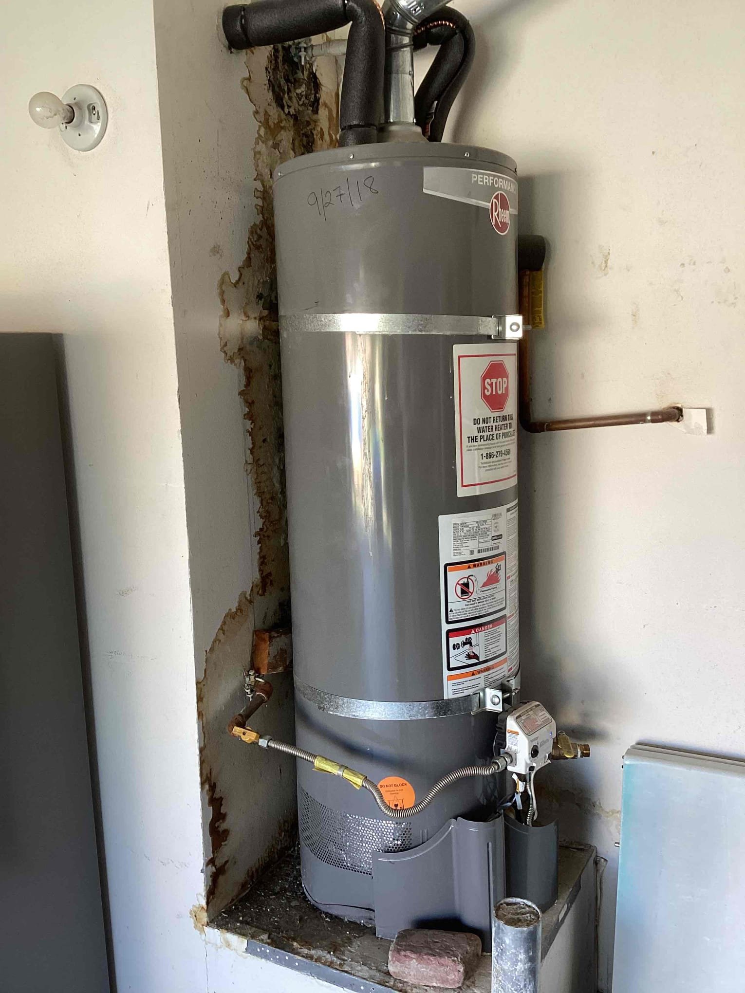 We cut a section of drywall approximately 18/18inches .
Behind the water heater to repair the leak and. cut up to2 ft of 3/4”cooper pipe.
The work was done on the cold water line that feeds the water heater.
We’also replaced the shut-off valve on the water heater 