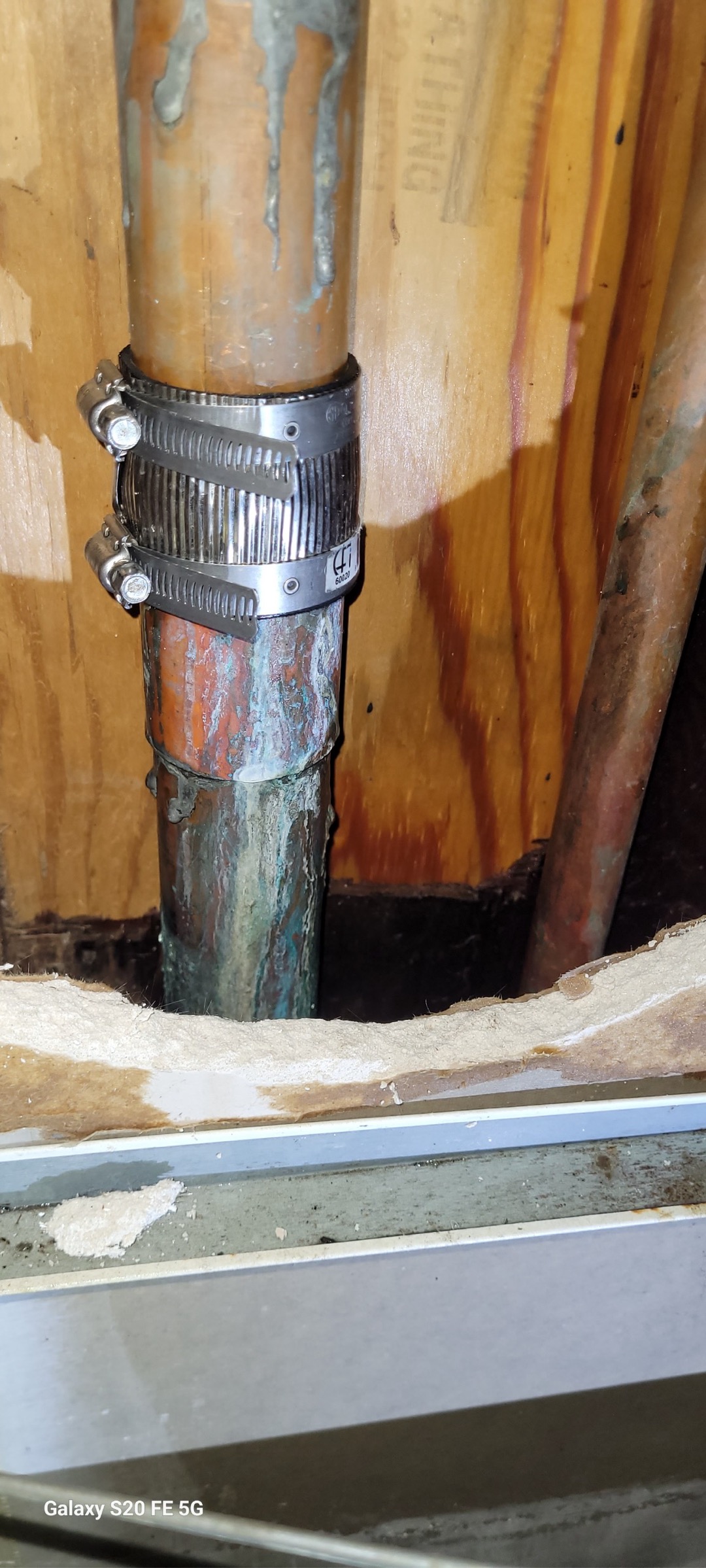 Customer called Saturday morning 10-11-25 to report a burst water line above head located in kitchen. Josue arrived around 3 and performed leak detection finding the leak was located on the main 2” feed for building. Due to not having authorization to shut down water to the building we attempted to place a temporary clamp on water line to try and stop/slow down the leak. Also performed descaling to both tankless water heaters while we were there.  Customer called Saturday morning 10-11-25 to report a burst water line above head located in kitchen. Josue arrived around 3 and performed leak detection finding the leak was located on the main 2” feed for building. Due to not having authorization to shut down water to the building we attempted to place a temporary clamp on water line to try and stop/slow down the leak. Also performed descaling to both tankless water heaters while we were there.