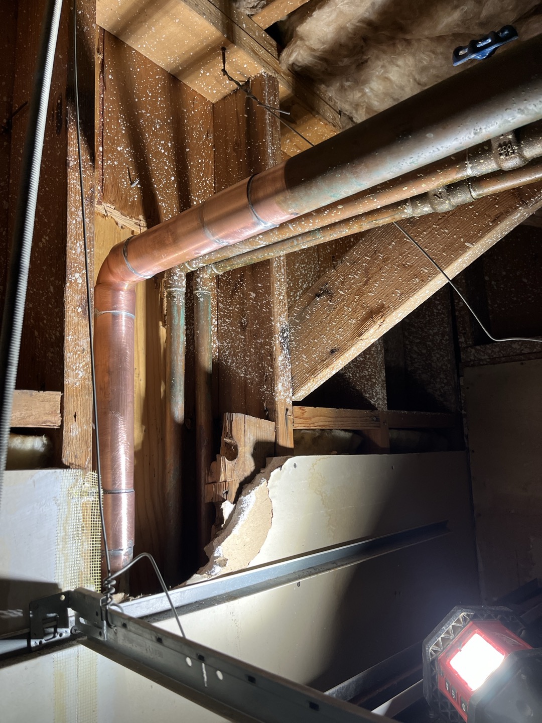 Customer had a leak in the ceiling of Carolyn’s cafe. The leak was located at a 2” copper couplings for the main feed of the building. Shut water off and repaired damaged section  Customer had a leak in the ceiling of Carolyn’s cafe. The leak was located at a 2” copper couplings for the main feed of the building. Shut water off and repaired damaged section