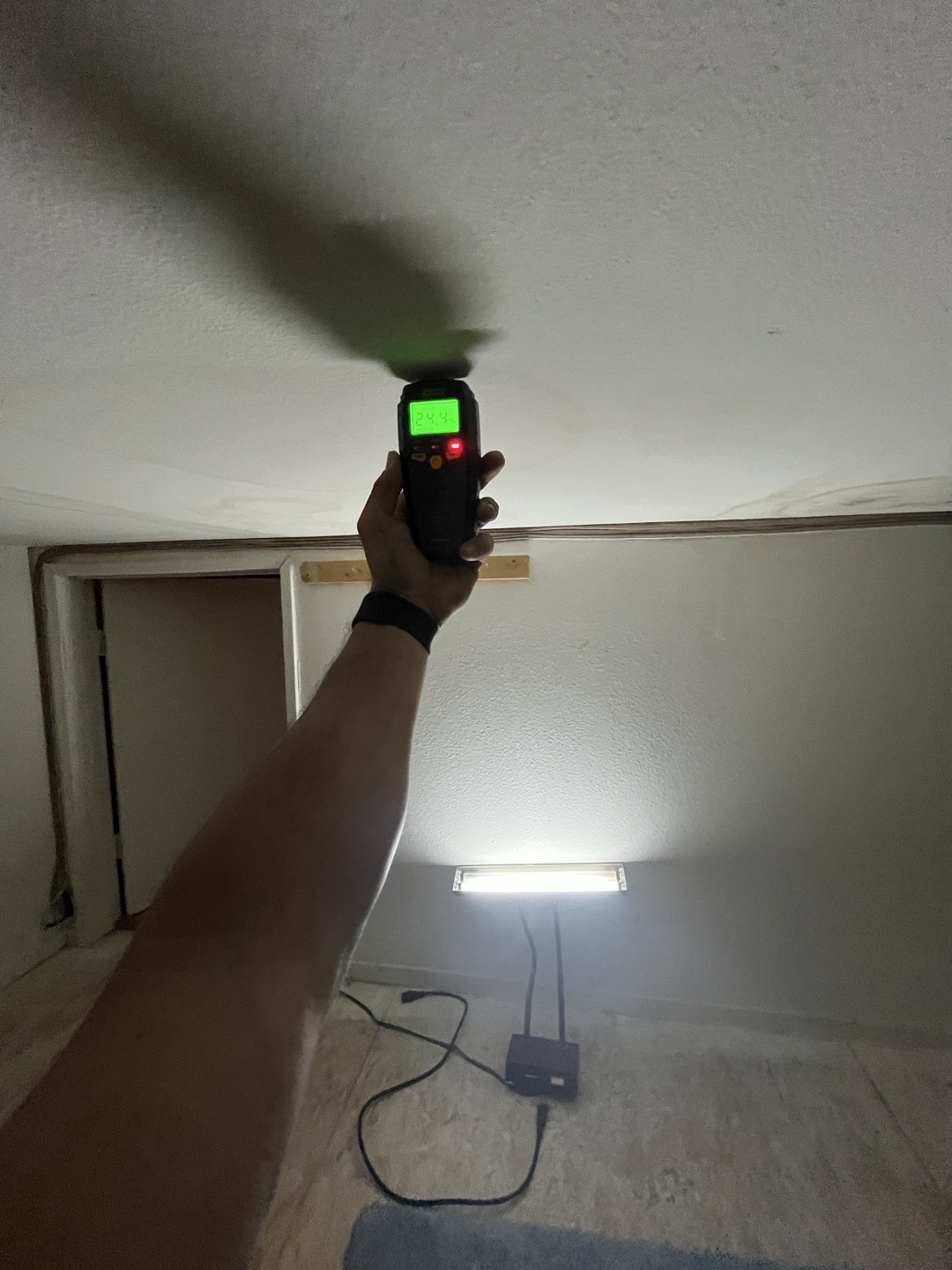 Customer has water damage to entryway drywall as well as to storage closet upstairs. Recommend performing proper water mitigation to avoid further damage and mold growth.  Customer has water damage to entryway drywall as well as to storage closet upstairs. Recommend performing proper water mitigation to avoid further damage and mold growth.