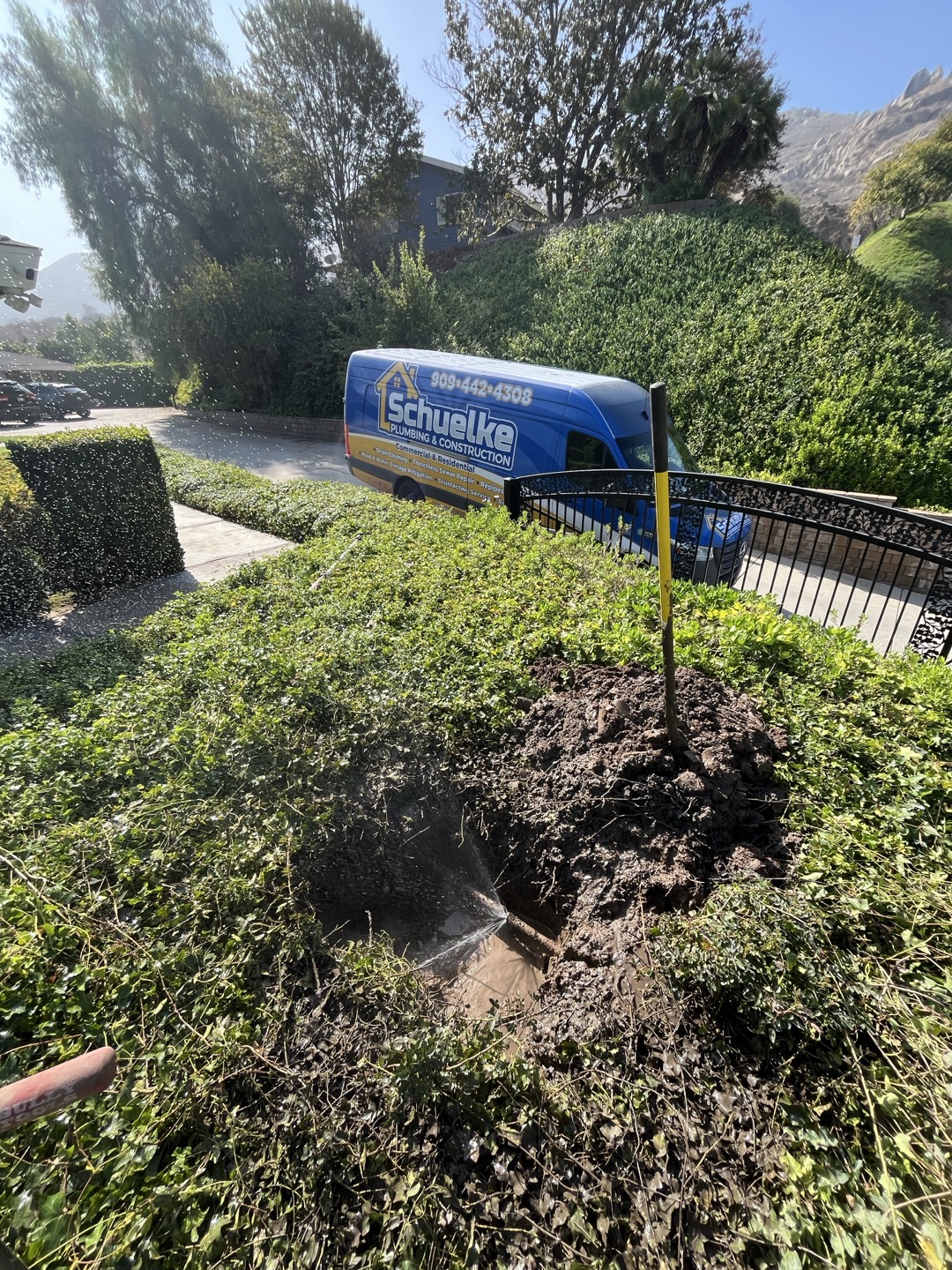 Customer has a 1” copper water main leak in front planter bed. Removed damaged section of pipe and plumbed in with new 1” copper pipe and fittings. Existing copper pipe was in poor condition, if customer continues to have issues recommend replacement 