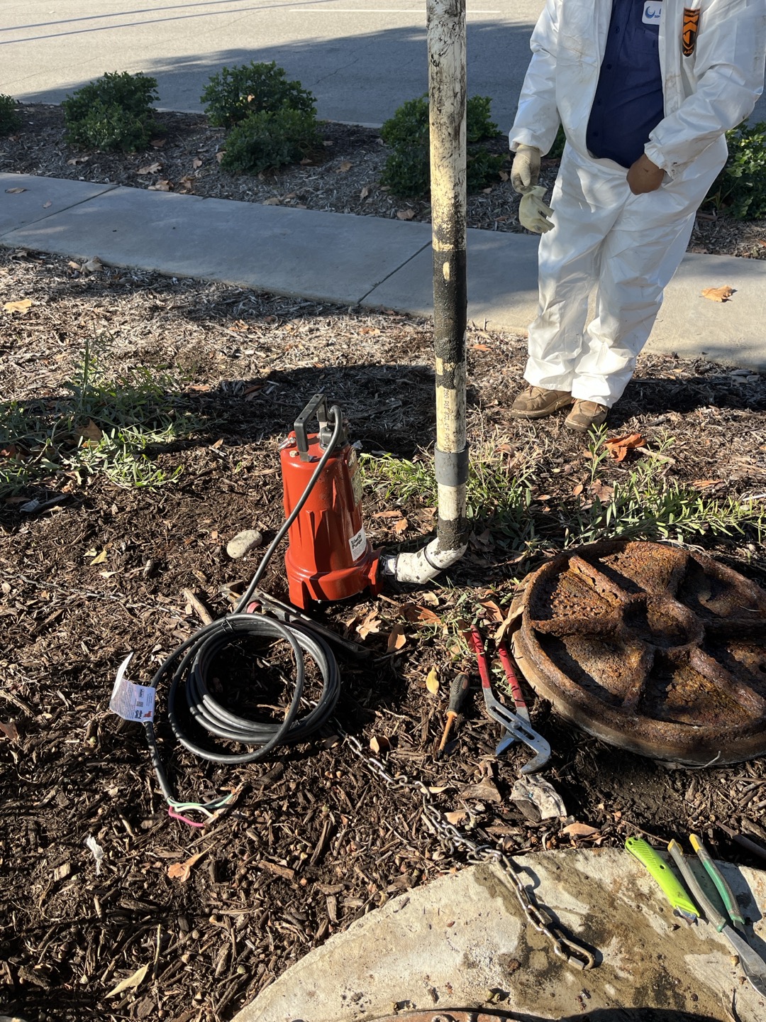  Once sewage pit was completely drained we cleaned out debris in pit and flushed out both pumps. One pump had several wipes  and chunks of metal lodged in the blades not allowing it to properly run. After performing inspection on pumps and diagnosing control panel for the  pumps we found the following 
- one pump was not working properly (recommend replacement)
- control panel is wired incorrectly as well as missing several control boards, and has burned fuses that all need to be  addressed. In order to restore proper function to system we will need to replace one pump, order Several parts for control panel and wire in pumps and floats correctly to panel.

For control panel we called manufacture and they helped us diagnose issues and are following their recommendations. Once these new parts are installed we can then run further test to make sure everything is in proper working order. 