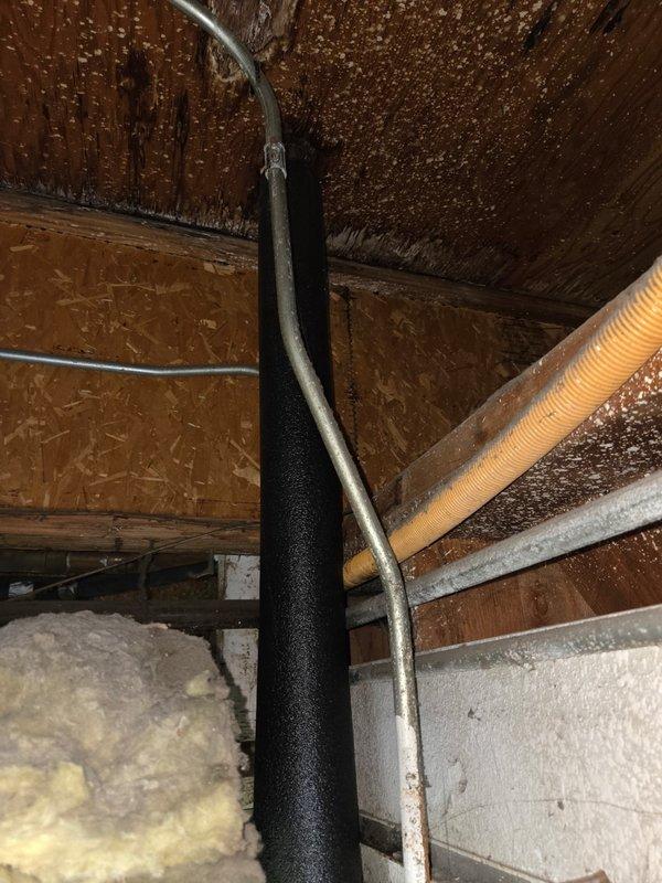 Responded to water leak in utility area. Inspected insulated black pipe system showing signs of water damage at connection points. Replaced damaged pipe fitting, resealed connections, and verified system integrity through pressure testing. All pipes now functioning properly with no signs of leakage.