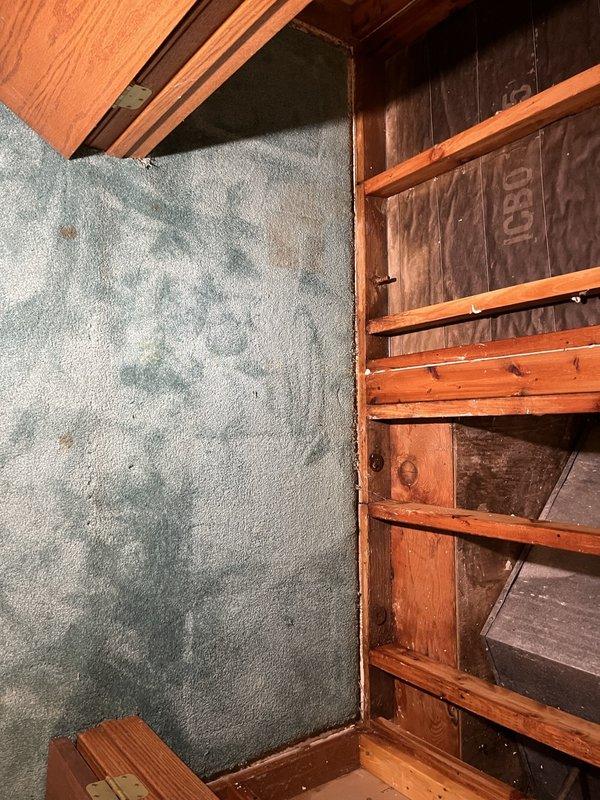 Conducted comprehensive inspection of residential property, identifying water damage along interior hallway and adjacent wall sections. Documented evidence of water intrusion with visible staining patterns on the greenish-blue textured wall surface and potential structural concerns where moisture had affected the wooden framing elements. Performed remediation procedures and recommended preventative measures to address the underlying moisture source.