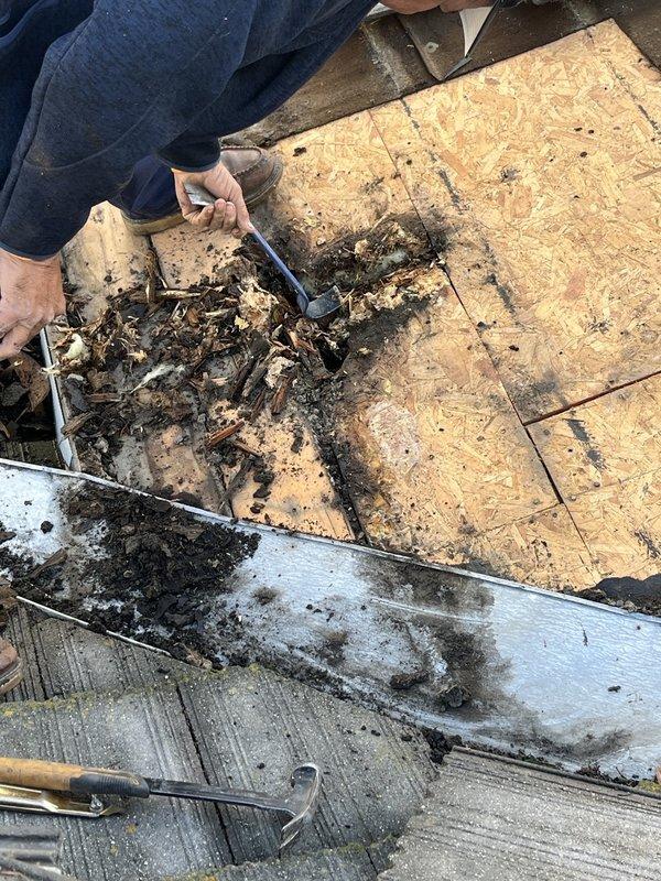 Inspected and documented significant water damage to roof structure, including displaced shingles and deteriorated decking with possible fire damage. Began remediation work by removing compromised OSB subflooring that showed extensive water damage and rot, exposing metal joists beneath the affected area.