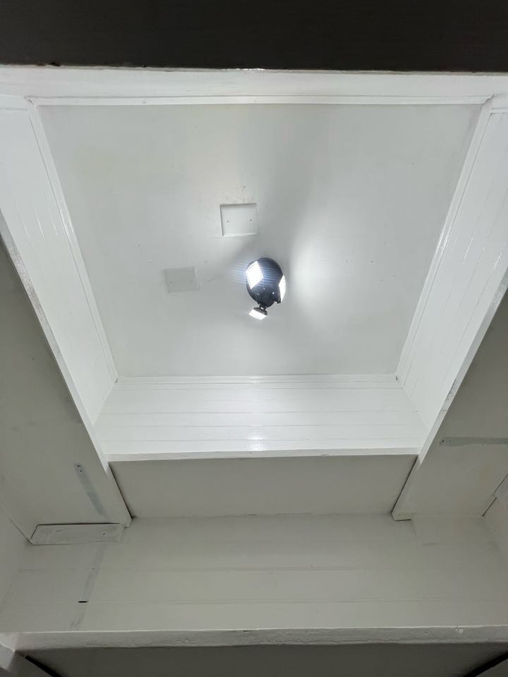 James called us out as he tried to replace the light fixture himself and cut a couple wires too short unfortunately. We added 2 junction boxes to pull back the wires that were cut and ran a jumper in between each box to continue power. A new fixture rated J-box was added for the installation of the light fixture. 