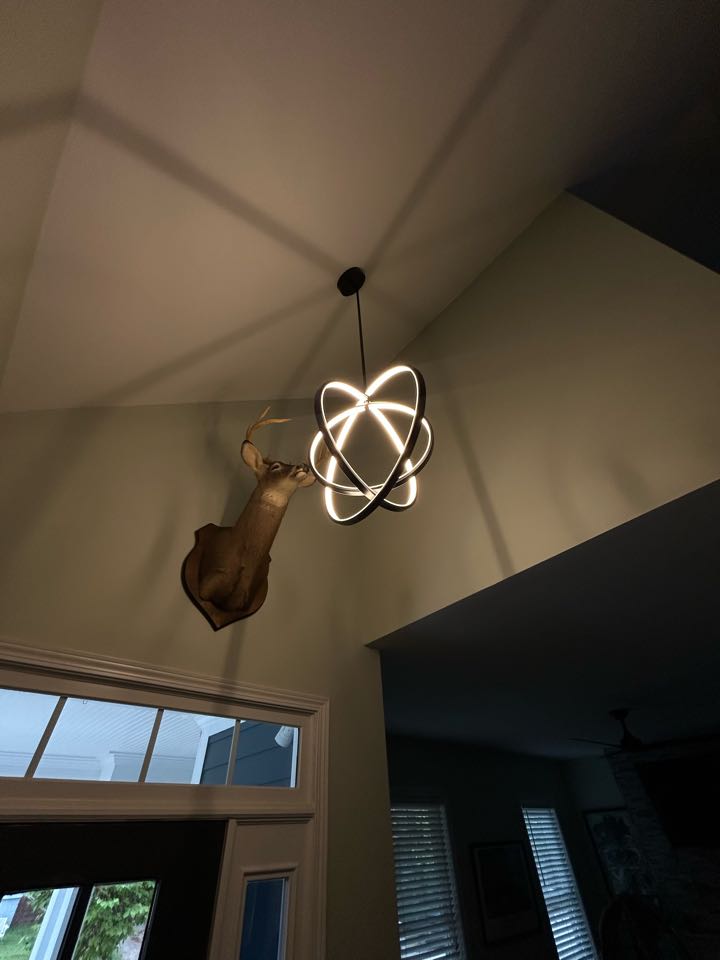 New light fixture installation in Raleigh, NC. This customer had an older pendant light in his foyer the  he wanted taken down, and for us to install this modern LED pendant light. The royal team had the job done in less than an hour! Call Royal Electric today! ⚡️⚡️