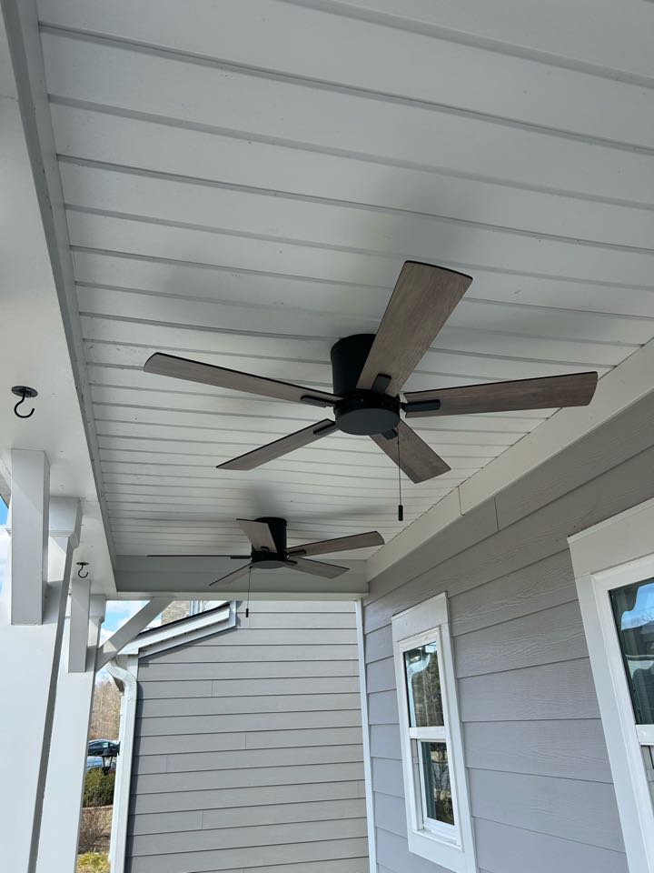 We were called to our customers home in Apex NC, as they wanted us to replaced the old porch lights with ceiling fans, which we needed to install fan rated boxes first after doing so we installed 2 ceiling fan. As well as 2 Coach lights installed by the garage doors, and a new light was added to the pantry. Additionally, dimmers and various light fixtures were installed throughout the home. The project enhanced both the functionality and aesthetics of the living spaces. We were called to our customers home in Apex NC, as they wanted us to replaced the old porch lights with ceiling fans, which we needed to install fan rated boxes first after doing so we installed 2 ceiling fan. As well as 2 Coach lights installed by the garage doors, and a new light was added to the pantry. Additionally, dimmers and various light fixtures were installed throughout the home. The project enhanced both the functionality and aesthetics of the living spaces.
