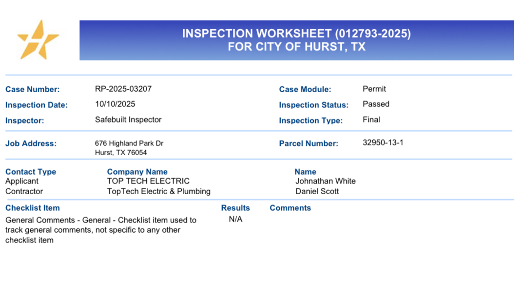 Home owner met inspector onsite and passed the final inspection. Emailed customer copy of pass report.