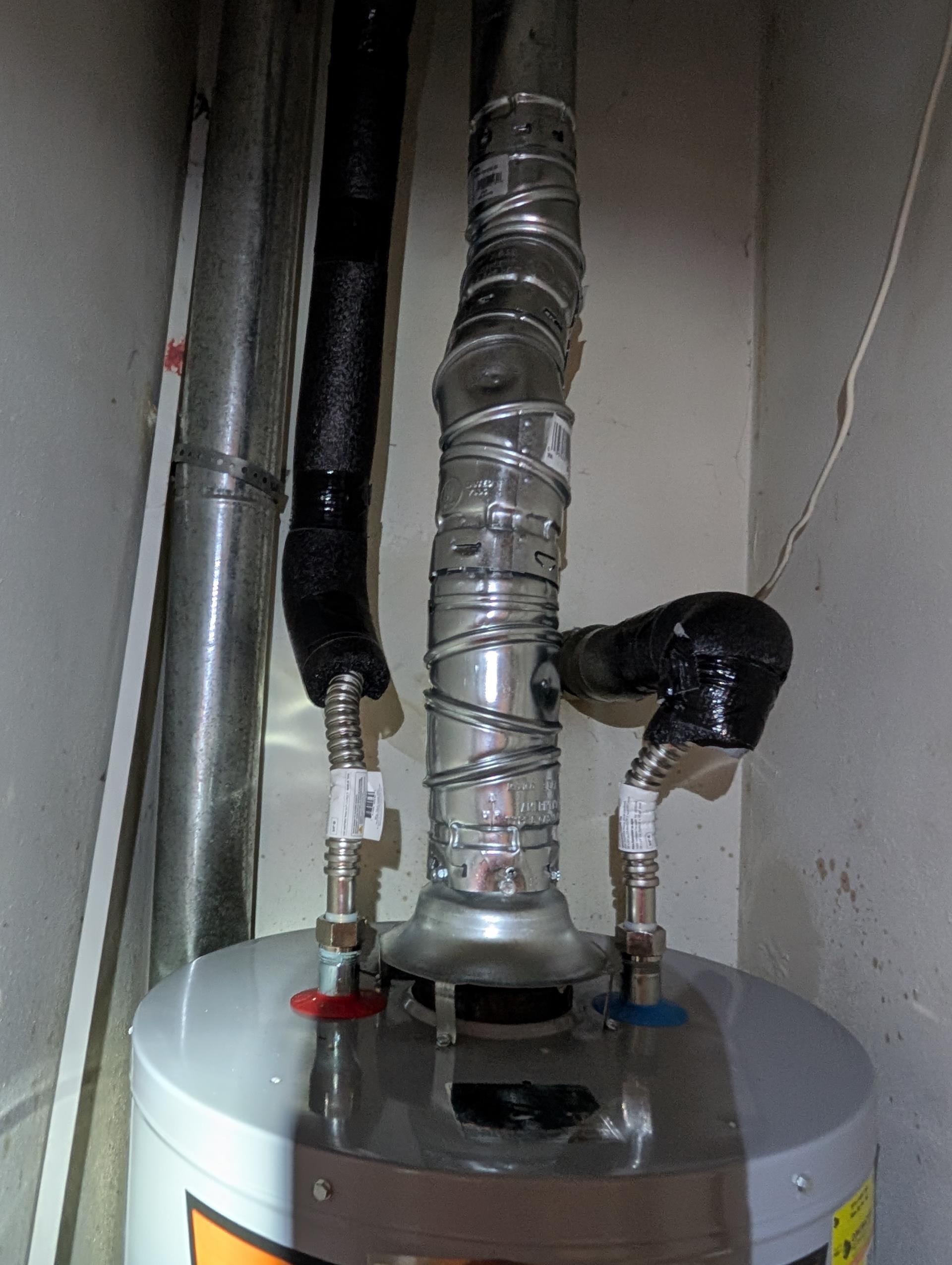 Remove and dispose of existing tank water heater. Install professional grade water heater. Replace water shutoff and supply lines. Replace gas flex line and add sediment trap. Reuse existing pan drain. Reconnect to existing t&p discharge. Reconnect to existing flue pipe. Provide city permit and inspection. 6 year transferrable warranty on parts and labor. 
Installed new 40 gal skinny 18” water heater with new water supply and shut off valve, new gas shut off valve with supply line and sediment trap, new vent line through roof  to unit, upper combustion and new pan tied into exit pan drain.  Remove and dispose of existing tank water heater. Install professional grade water heater. Replace water shutoff and supply lines. Replace gas flex line and add sediment trap. Reuse existing pan drain. Reconnect to existing t&p discharge. Reconnect to existing flue pipe. Provide city permit and inspection. 6 year transferrable warranty on parts and labor. 
Installed new 40 gal skinny 18” water heater with new water supply and shut off valve, new gas shut off valve with supply line and sediment trap, new vent line through roof  to unit, upper combustion and new pan tied into exit pan drain.