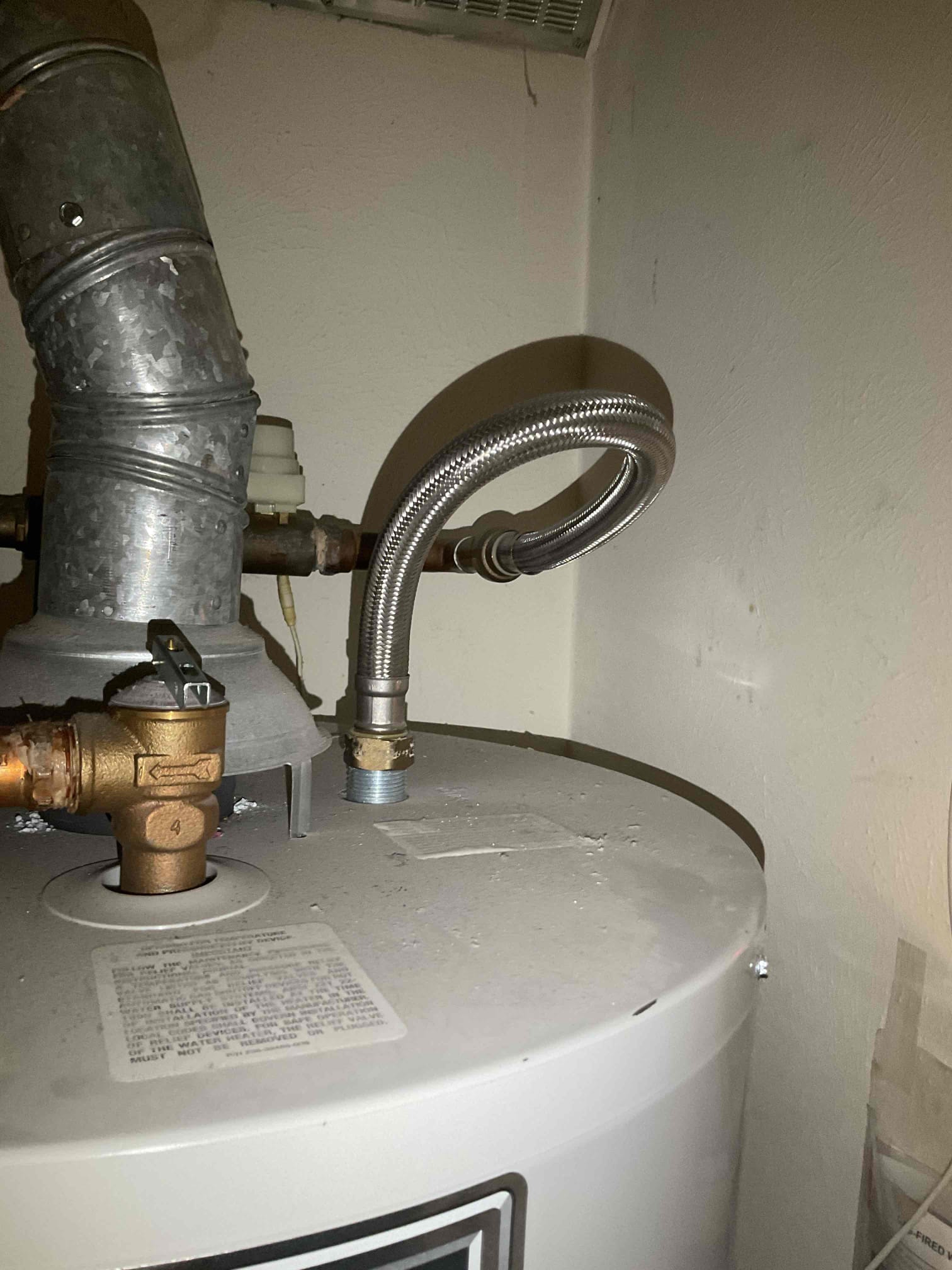 Replace 11 yr old gas water heater in hallway w new basic state unit ( 6yr warranty )
 - reuse current flood stop ( no warranty on flood stop whatsoever )
 - replace all connections to unit w new 
 - reuse old water heater pan 
 - test all work for leaks and clean up trash
 - haul off old unit ( no extra charge )

** 5yr warranty ** permit and inspection included **

Installed gas water heater in customers hall closet. Installed new flue piping to water heater. Installed hot side full port water shut off. Replaced gas shut off valve and flex connector. Job complete. Paid with card. 