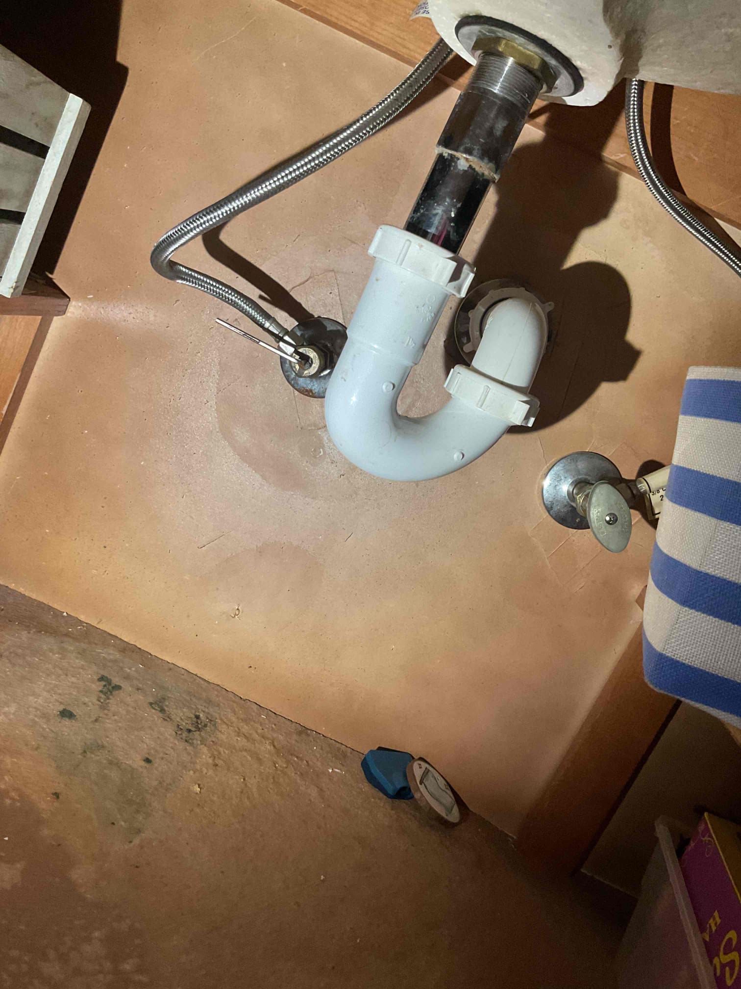 Replaced fill valve on master bath toilet, replace emergency shutoff and water supply line. Replace emergency shutoff in hall bathroom with broken handle(hot side, did not Repalce supply line). Disconnected ptrap underneath kitchen sink and attempt to restore flow to drain. Found that disposal was bad and replaced it with a 1/2 hp badger. Repalce a few tubular drain components around disposal. 
5 year parts and labor warranty. 