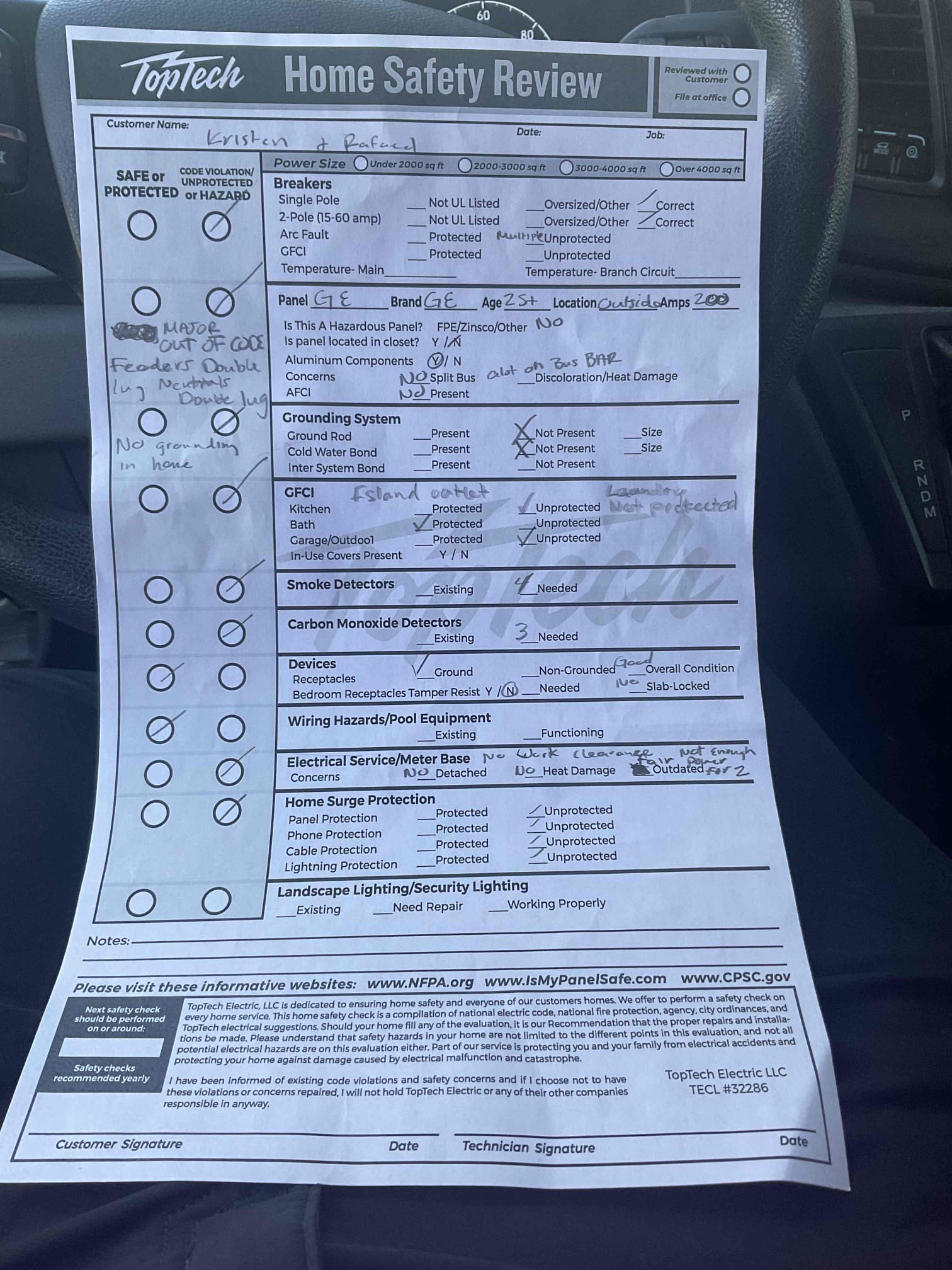 Arrived on site to perform a home electrical safety evaluation. This inspection allows me to assess the electrical system for any potential code violations or safety hazards.

During the inspection, I opened the two exterior panels and noticed a double-lugged feeder wire. The meter base is designed to support only one 200-amp panel, but the feeder wires were tapped to supply power to a second 200-amp panel. This configuration is not up to code and poses a fire hazard, as it could cause arcing or sparking without tripping a breaker.

Additionally, there are double-lugged neutrals and other code violations within the panels. I also observed no grounding system present—there are no individual 8-foot copper grounding rods for each panel. The cold water bond is missing, and there is no intersystem bonding for cable or internet connections.

Inside the home, I found that the kitchen island outlet is not GFCI protected, though the rest of the kitchen outlets are. The bathroom outlets are GFCI