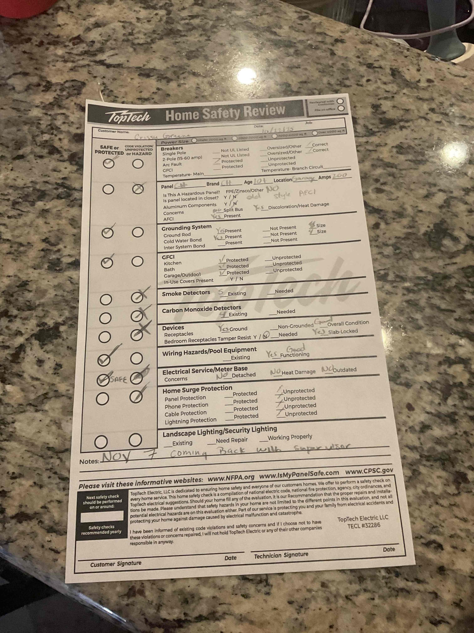 Arrived on the job site. The customer stated she wanted to replace a light fixture in her upstairs room, which will serve as the second living room. The new light fixture is working properly. I also performed a safety evaluation throughout the home and identified several items that need to be addressed with both decision makers. These include issues within the electrical panel—such as breakers and AFCI breakers—as well as concerns regarding the smoke detectors. We’ll be returning on November 7th with my supervisor to provide quotes and additional information. The customer was completely satisfied with today’s visit and understands that the light fixture includes a five-year warranty, which applies to the connections only.