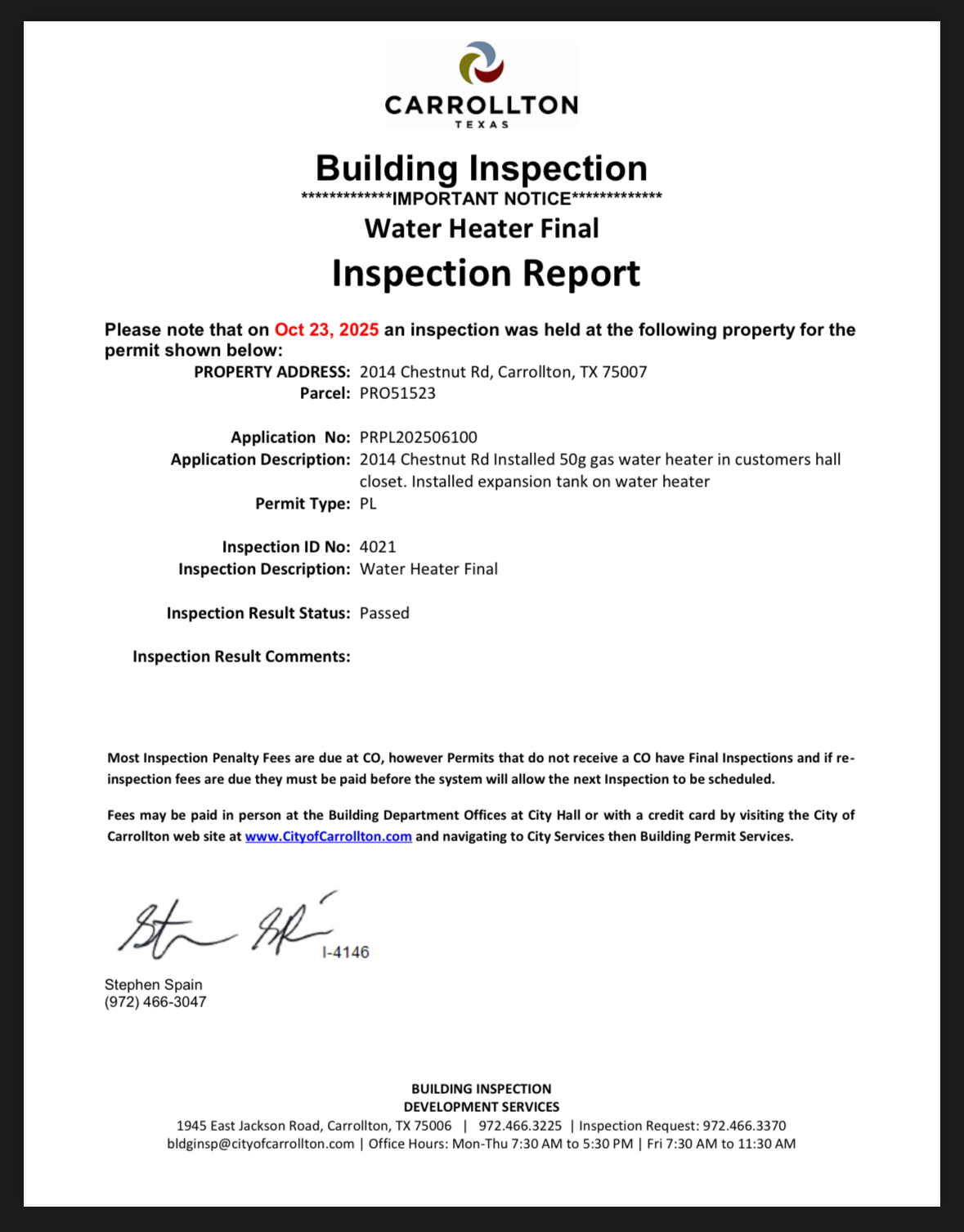 Sent city photos to pass via virtual inspection portal and passed the final plumbing  inspection.