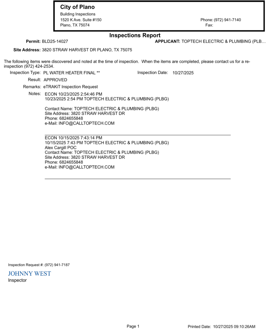 Home owner met inspector onsite and passed the final inspection. Emailed copy of inspection report to home owner.