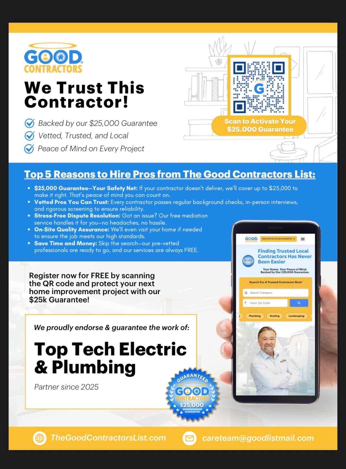 1. Upgrade 200 amp electrical panel (lifetime warranty) 
2. Replace meter and overhead service (lifetime warranty) 
3. Relocate electrical panel to the outside 
4. Install cold water bond for water lines
5. Install 2 ground rods 
6. Install whole home surge protection (lifetime warranty) 
7. Run wires for smoke detectors in required locations 
8. Install 3 smoke alarms hardwired 
9. Install carbon monoxide detector 
10. City permit and inspection 

*minimum of 5 year warranty only everything*
