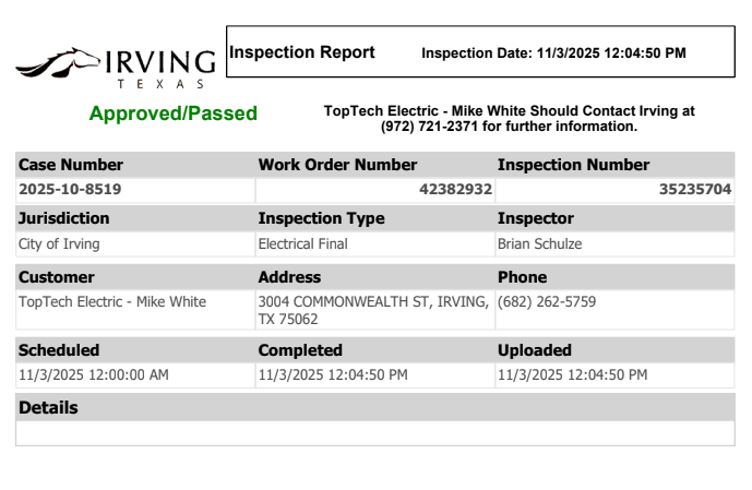Met onsite with city inspector and passed the final inspection. In the back restroom also remounted the lights as they were not put back fully in the ceiling.