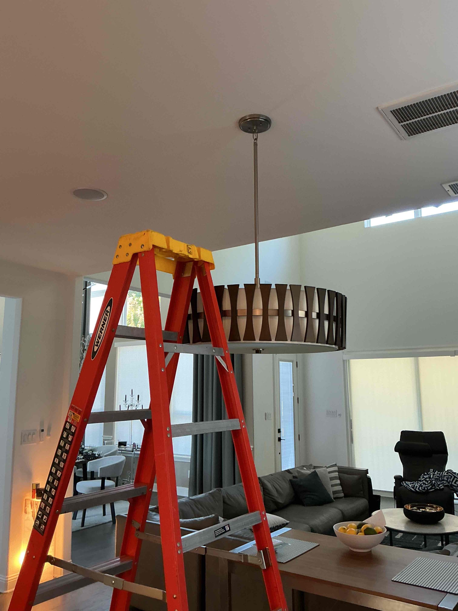 1. Install large chandelier 
2. Install customer supplied dimmer 

Installed a large chandelier in the nook/dining room area and a customer supply dimmer. Everything worked with no issues and a five-year warranty only on the installation. customer is happy with today’s visit.