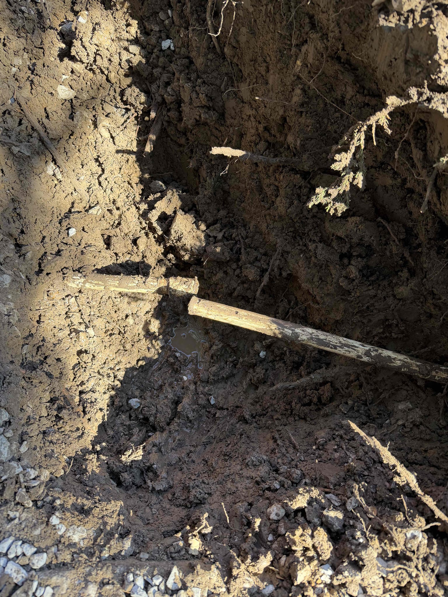 Performed waterline spot repair on three-quarter PVC in front yard to the right of the driveway. Paid with card. Job complete.