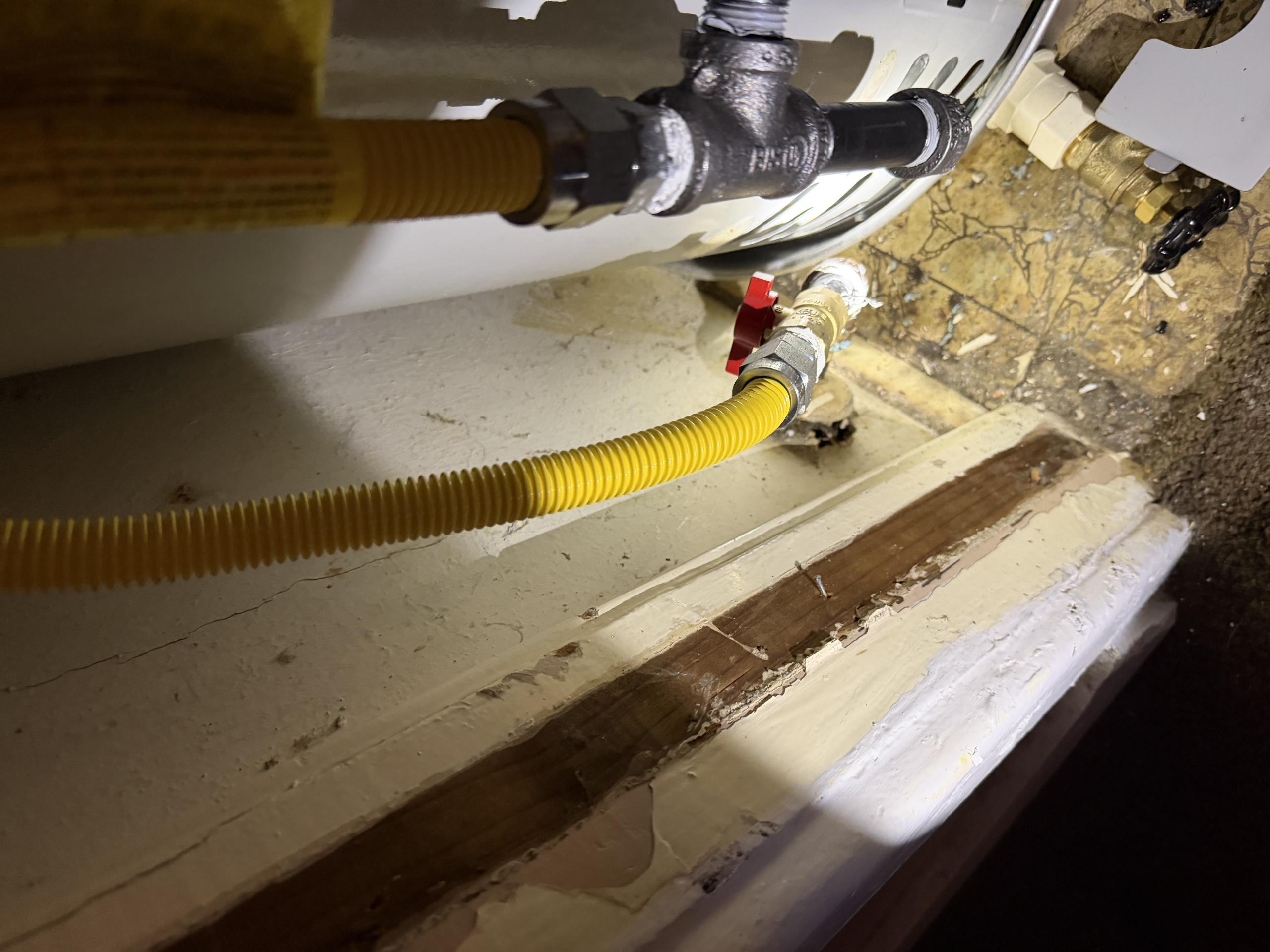 - Preform Whole home gas test on system ( air )
 - turn off shutoff valves to fixtures ( water heater and furnace )
 - any code issues / violations will need to be fixed

** if gas pressure gauge drops at all pricing will be given for locating leaks **

- Remove and reinstall water heater up to code 
 - flex lines ( instead of cpvc )
 - water shutoff for unit
 - gas flex , and sediment trap
 - 6in brass nipple for t&p before it transitions to cpvc
 - pan under unit w boiler drain
 - new vent ( double wall ) from top of unit to flashing 
 - install lower combustion into water heater closet ( free )

5yr warranty on work ** permit and inspection ** no warranty on water heater 

Installer will be out Monday morning 

Installed gas flex line on customers, water heater in hall closet. Customer is to reach out upon completion of gas work so that we can run gas test.