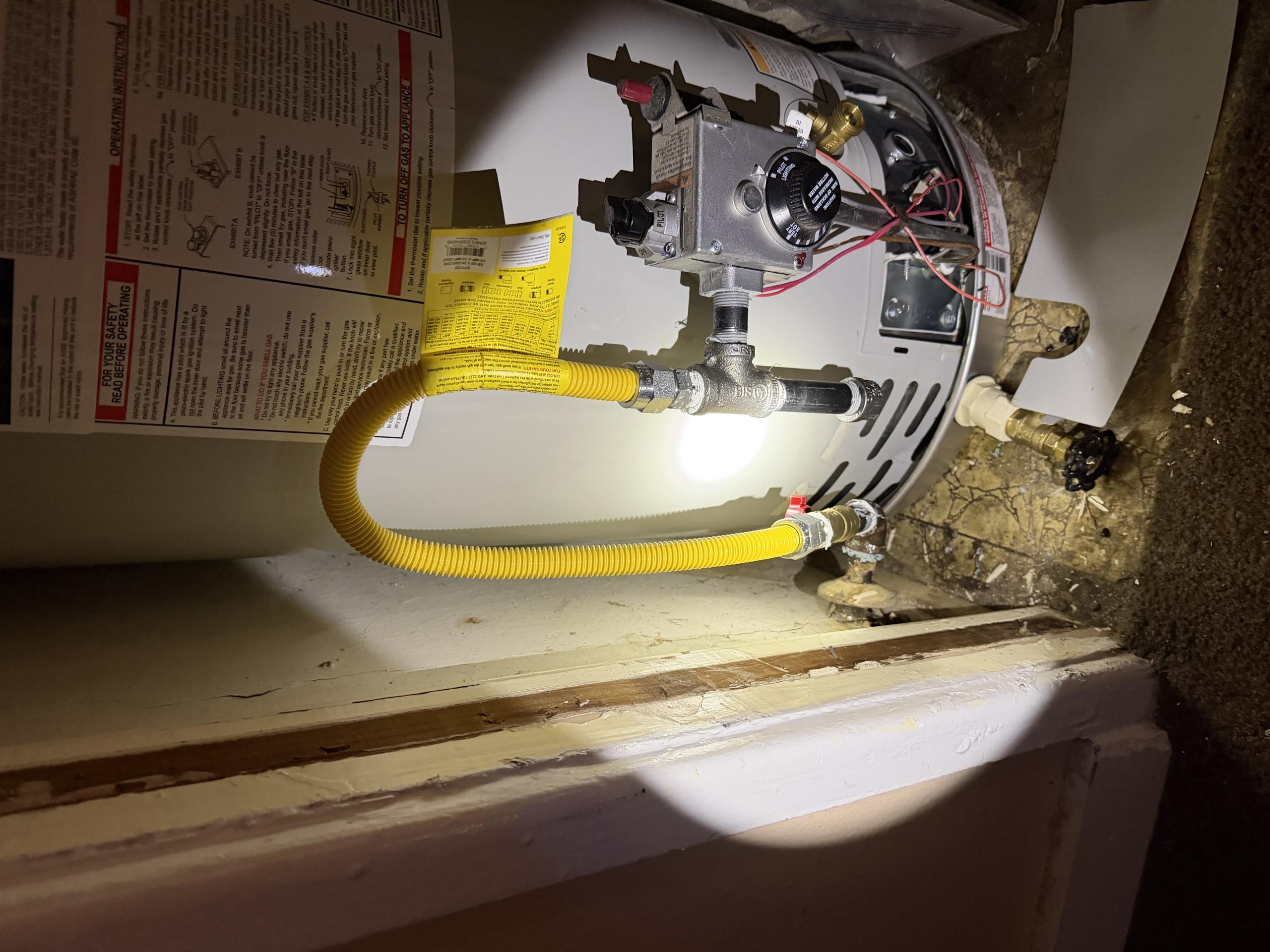 - Preform Whole home gas test on system ( air )
 - turn off shutoff valves to fixtures ( water heater and furnace )
 - any code issues / violations will need to be fixed

** if gas pressure gauge drops at all pricing will be given for locating leaks **

- Remove and reinstall water heater up to code 
 - flex lines ( instead of cpvc )
 - water shutoff for unit
 - gas flex , and sediment trap
 - 6in brass nipple for t&p before it transitions to cpvc
 - pan under unit w boiler drain
 - new vent ( double wall ) from top of unit to flashing 
 - install lower combustion into water heater closet ( free )

5yr warranty on work ** permit and inspection ** no warranty on water heater 

Installer will be out Monday morning 

Installed gas flex line on customers, water heater in hall closet. Customer is to reach out upon completion of gas work so that we can run gas test.