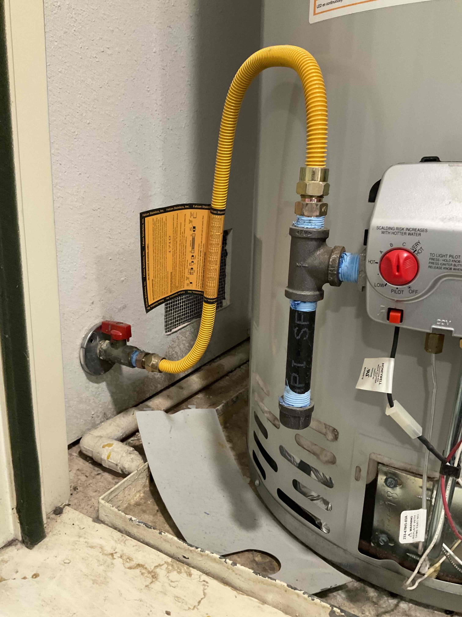 Customer called us out for no hot water, looked at unit. It is nine years old at the end of its life expectancy.

Looked at gas meter outside on side of home and it was locked out. The customers did not know that Atmos was their gas provider. I asked them to call. Atmos said they could come out Monday to test the gas and turn it on.

I did explain if Atmos detects a leak , They will need to call us back to do a pressure test on the system find any leaks , code updates and permit will be needed at that time.