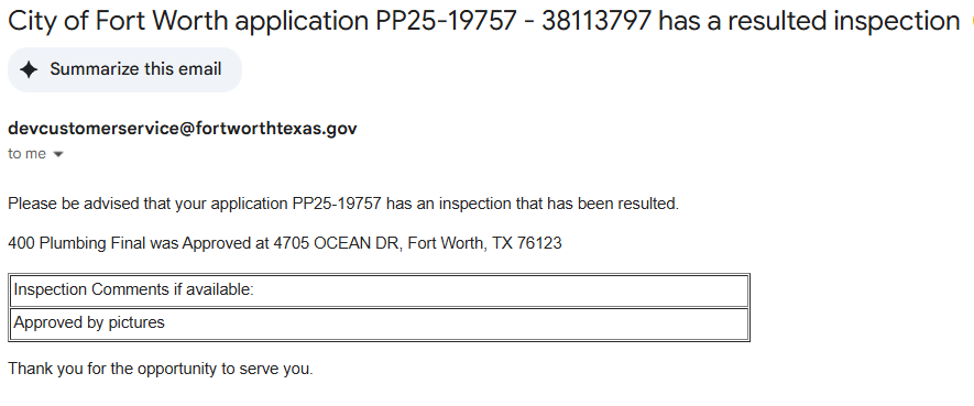 Sent inspector photos of the repair to pass the final inspection. Had Brian return this morning for backfill. Emailed copy of pass report to home owner.
