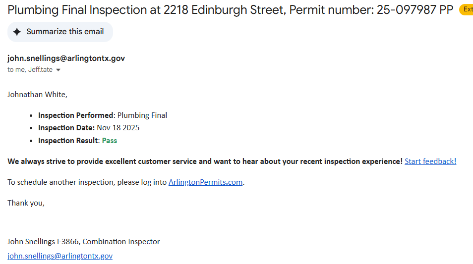 Received pass report from city and emailed copy to homeowner.