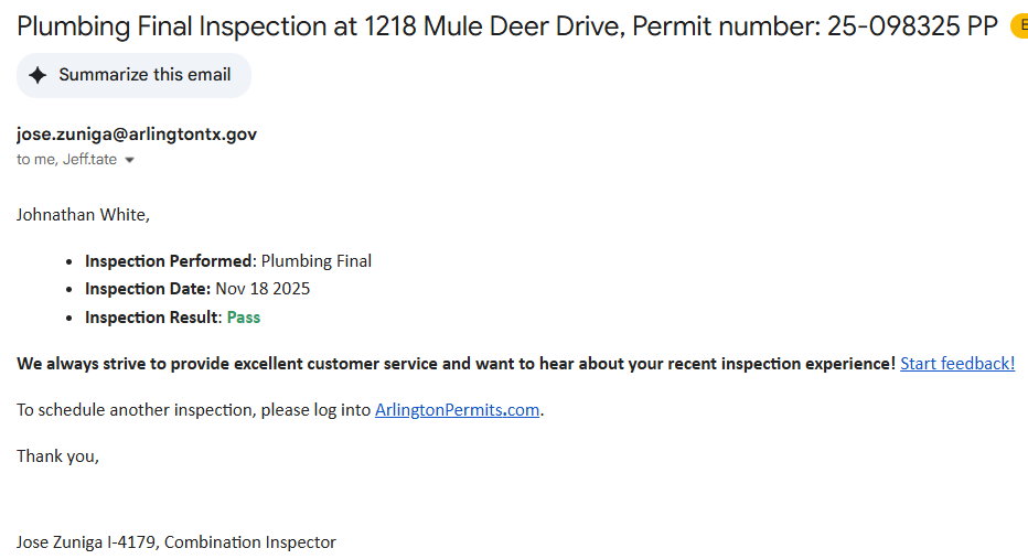 Received pass report from city and emailed copy to the homeowner.