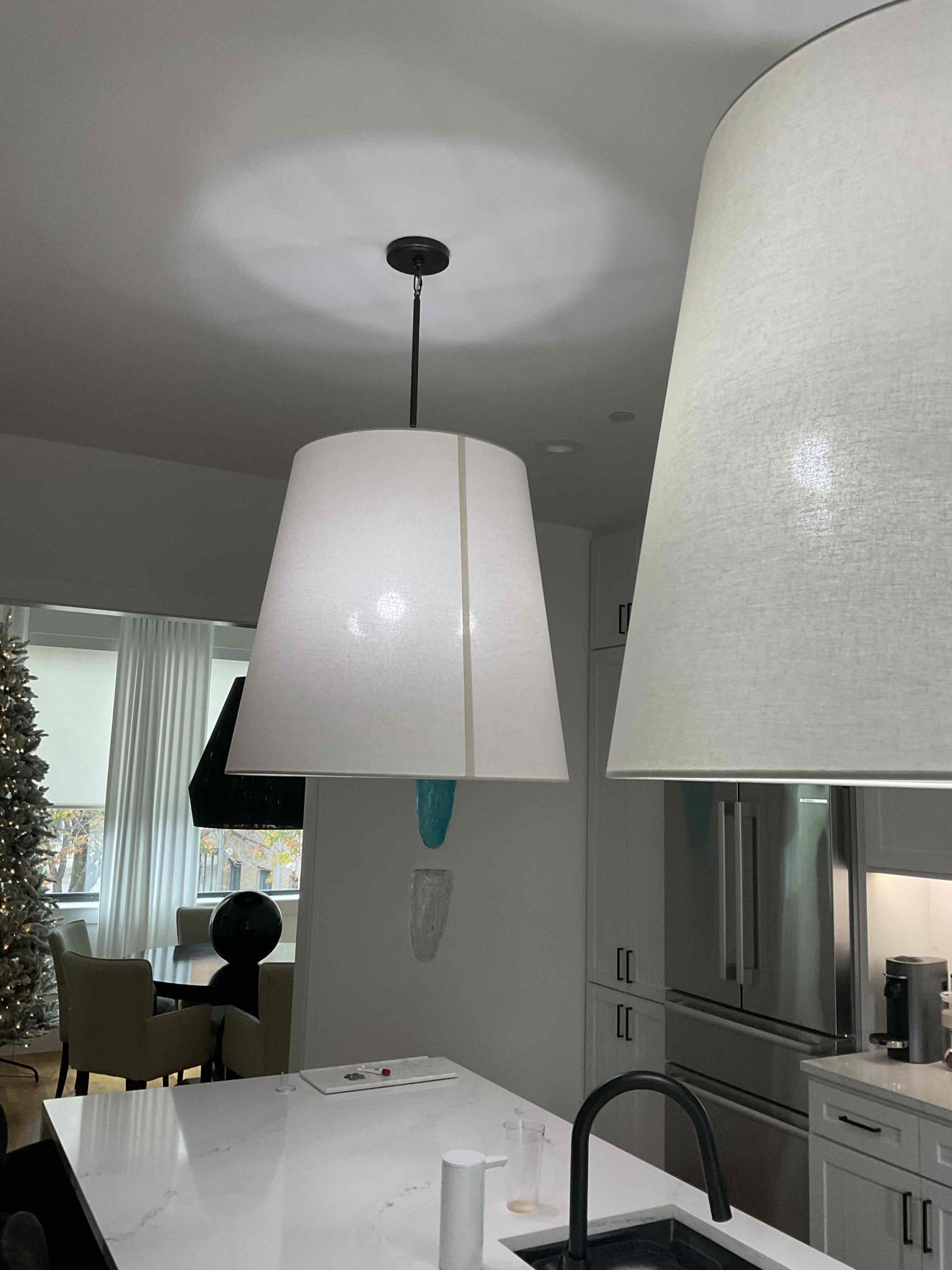 Arrived on the job site, and the customer requested two pendant lights to be installed over the kitchen island. I also installed the customer-supplied devices, which included two Lutron Maestro single-pole dimmer switches—one for the middle stairway bathroom and one for the guest bathroom. The first dimmer controls the lights over the door area, and the second controls the lights over the toilet and vanity. I also installed another dimmer switch on the third floor that controls the single hallway light leading to the bedroom and bathroom. Also replaced the customer-supplied transformer to ensure the doorbell camera operated properly.

I walked the customer through all the work so he understands how everything functions. The customer has a five-year warranty on all connections, excluding customer-supplied materials. The customer is 100% happy and satisfied with today’s visit.