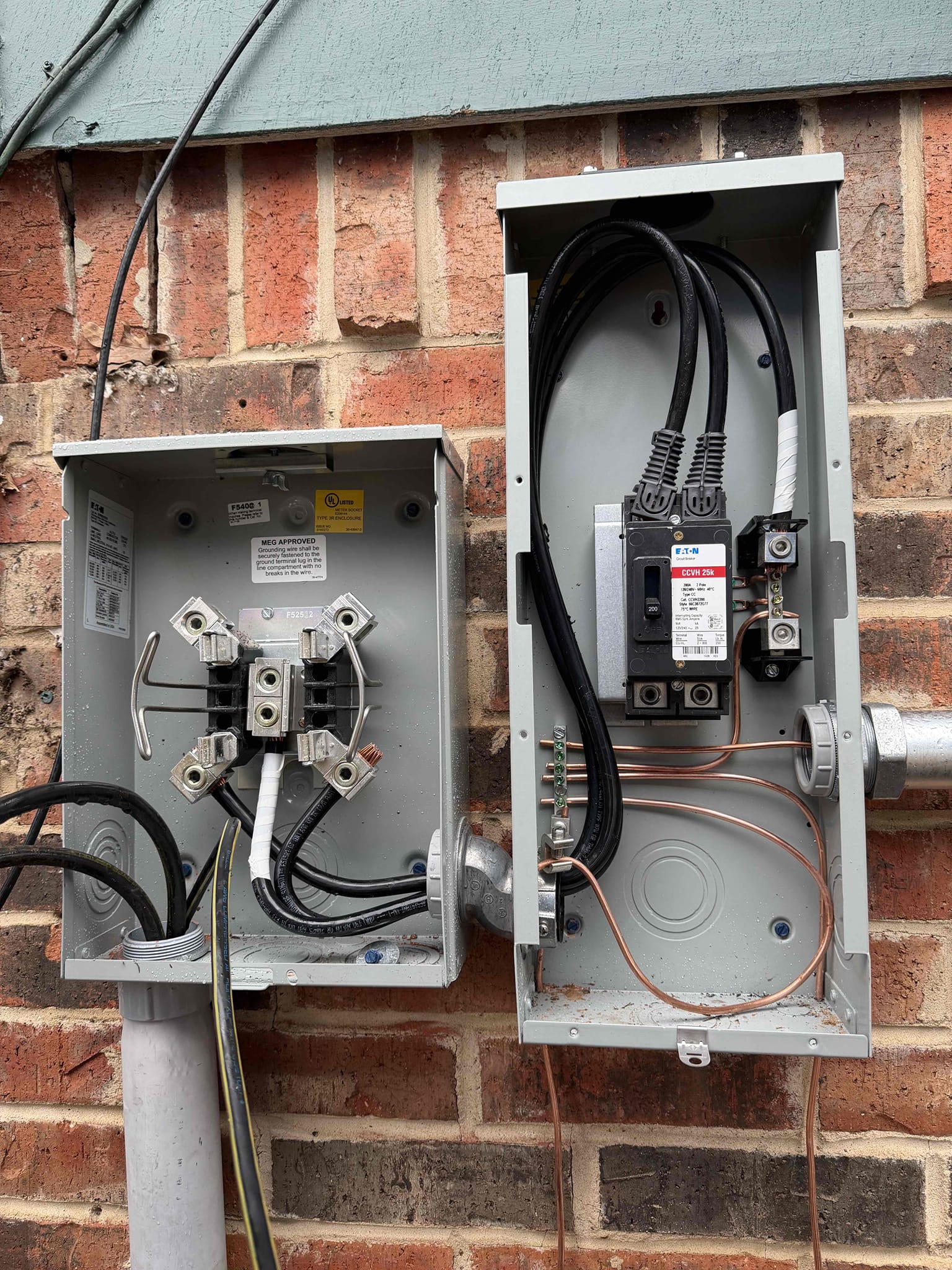 1. Replace 200 amp electrical panel (lifetime warranty) 
2. Replace 200 amp meter base (lifetime warranty) 
3. Install 200 disconnect outside (lifetime warranty) 
4. Install whole home surge protection (lifetime warranty) 
5. Install 2 ground rods copper 
6. Install cold water bond 
7. Install plug in car charger 
8. City permit and inspection 
9. Install hardwired smoke detectors 
10. Run wire for 60 amp sub panel across attic 
11. Run conduit underground 55 ft 
12. Install 60 amp sub panel across
13. Install ground rod copper for sub panel 
14. Install 30 amp outlet for RV 
15. Troubleshooting on repairing exposed wires 
16. Run new oven circuit 

*minimum 5 year warranty on everything* 
*$220 charge from oncore* 

11-19-25
9:00 disconnect 
3:00 reconnect 
Tux power company 
Financed through GoodLeap 

Replaced and relocated 200 amp panel from bathroom up into junction box and down into master bedroom.  Properly grounded home with ground rod and cold water bond.  Replaced underground