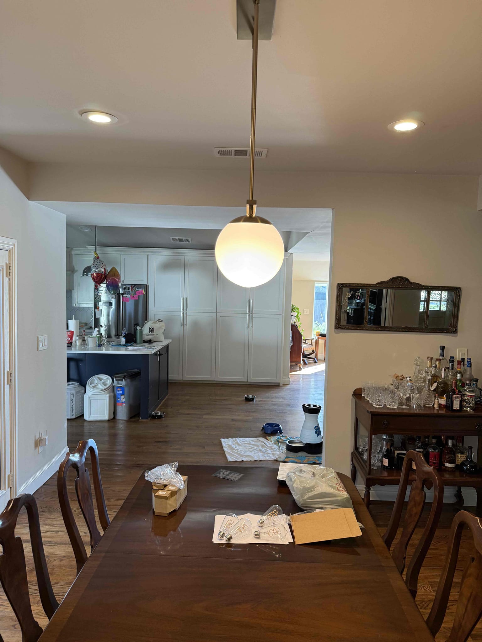 
1. Install 2 small chandeliers/ fixtures in the dining and entry way 
2. Install plug in entry way 
3. Install dimmer led in entry way 

Everything works with no issues and 5 year warranty only on labor. Customer is happy with today’s visit 