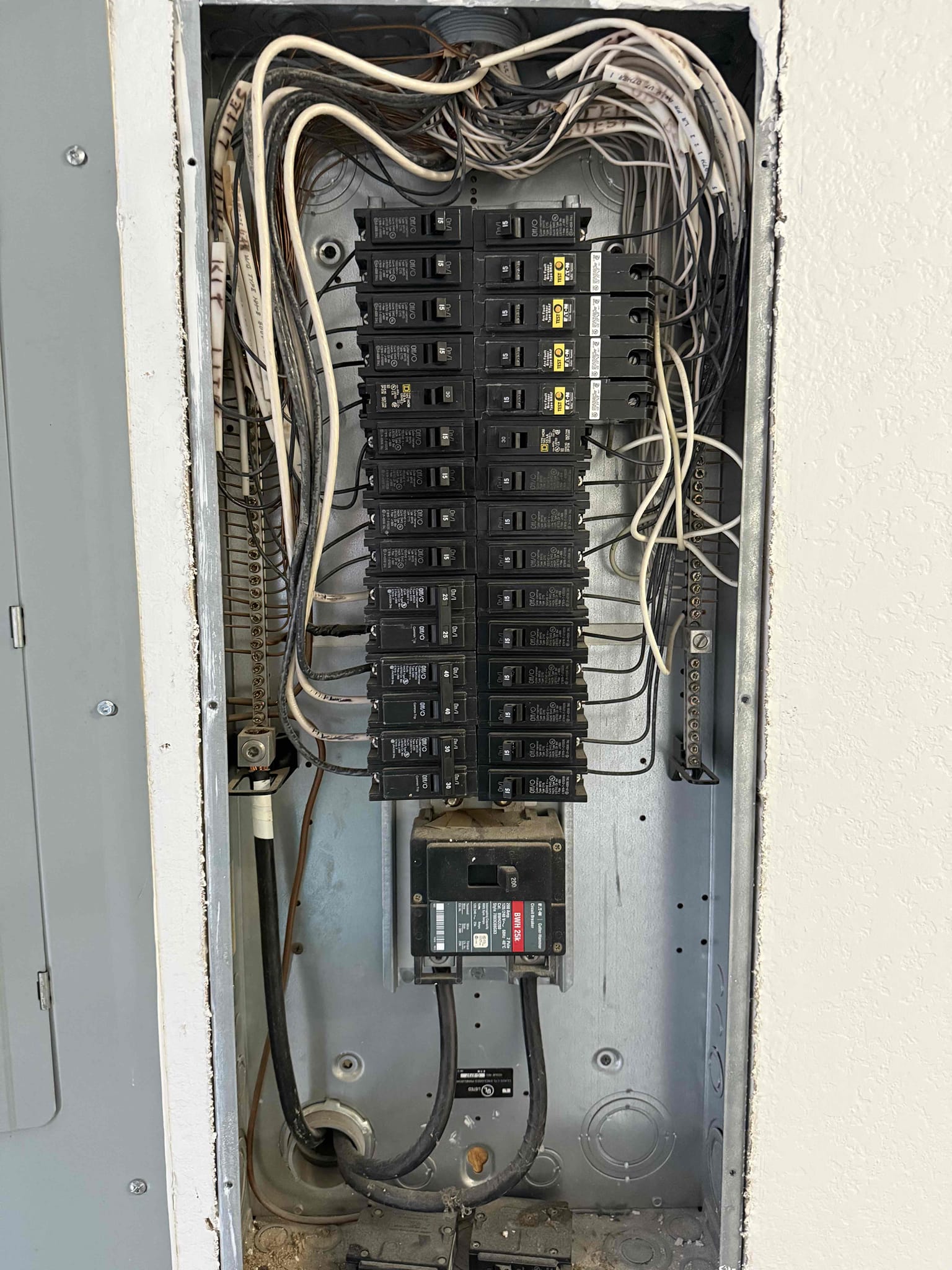 Customer had a tripped art fall breaker and side panel and explain how to test and reset breaker. The original issue was that the nursery room was not working and had no power from plugs or switches. Explain to customer that the breaker trip for a reason, reset breaker and everything worked other than closet light. And realized that the breaker tripped every time you cut the light on. Took down light fixture and opened up switch and saw that there was a ground wire, touching a hot wire on the switch, causing the breaker to trip. Repaired switch and light fixture and everything worked with no issues. Explain to customer that she had two majorly oversized circuit breakers in the electrical panel with the wrong type breaker made from home line. Explain it is a BR panel and that a 30 amp breaker should not be on a 14 gauge wire.