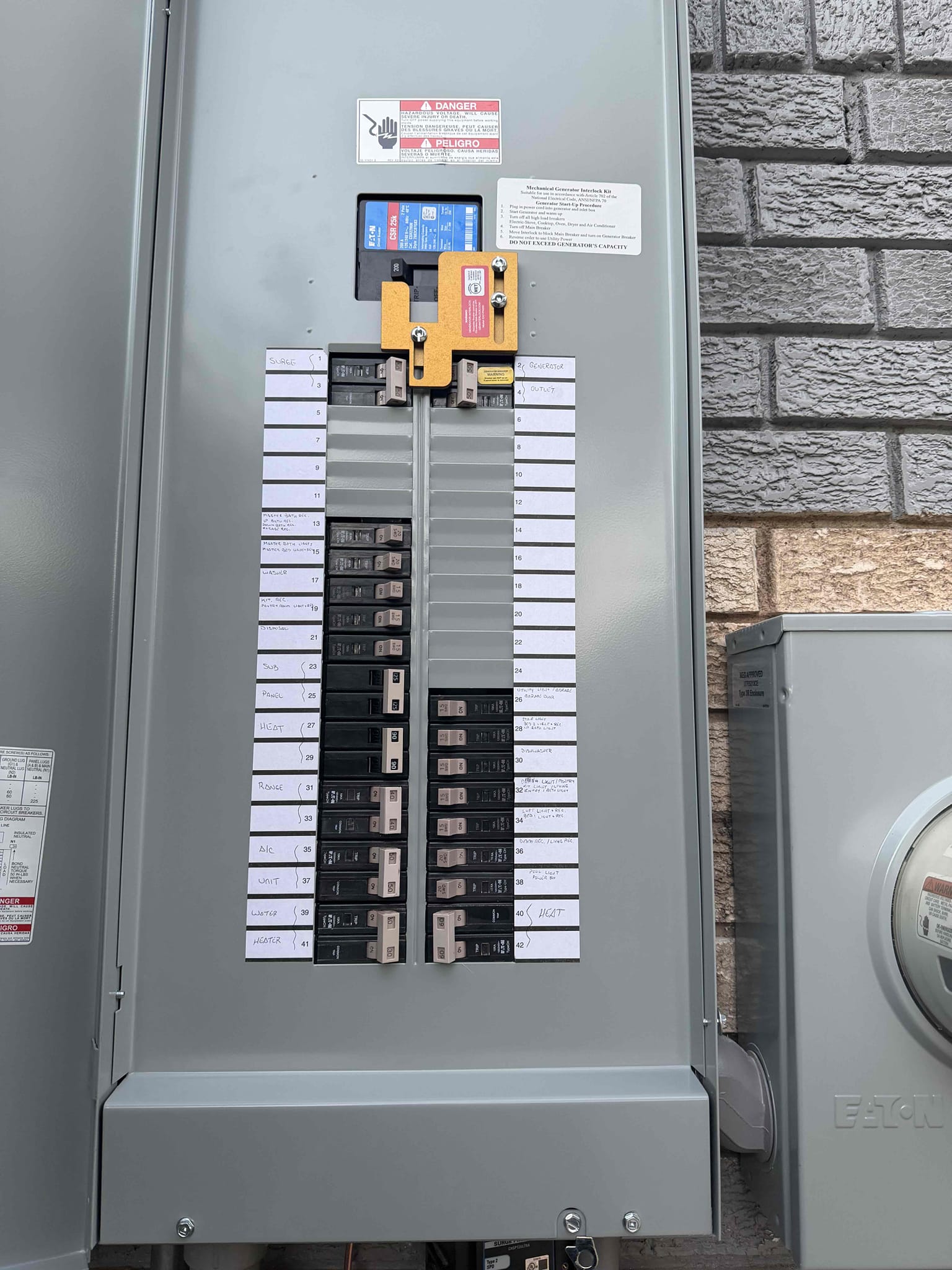 1. Upgrade 200 amp panel (lifetime warranty) 
2. Upgrade 200 amp meter meter base (lifetime warranty) 
3. Update ground rod and wire 
4. Update cold water bond 
5. Install 3 arc fault breakers
6. City permit and inspection 
7. Install inlet below panel 
8. Install interlock kit on electrical panel 

*minimum 5 year warranty only everything* 
*$220 charge from oncore for disconnect and reconnect* 

Disc-9 and rec-2 

Financed 

Replaced outdoor 200 amp panel and properly grounded with ground rod and cold water bond at kitchen sink.  Replaced 200 amp meterbase, and ran dedicated 50 amp circuit to inlet plug for generator hookup and installed interlock kit on panel.