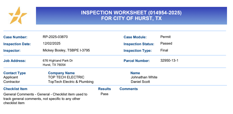 Passed inspection - Alex will backfill.