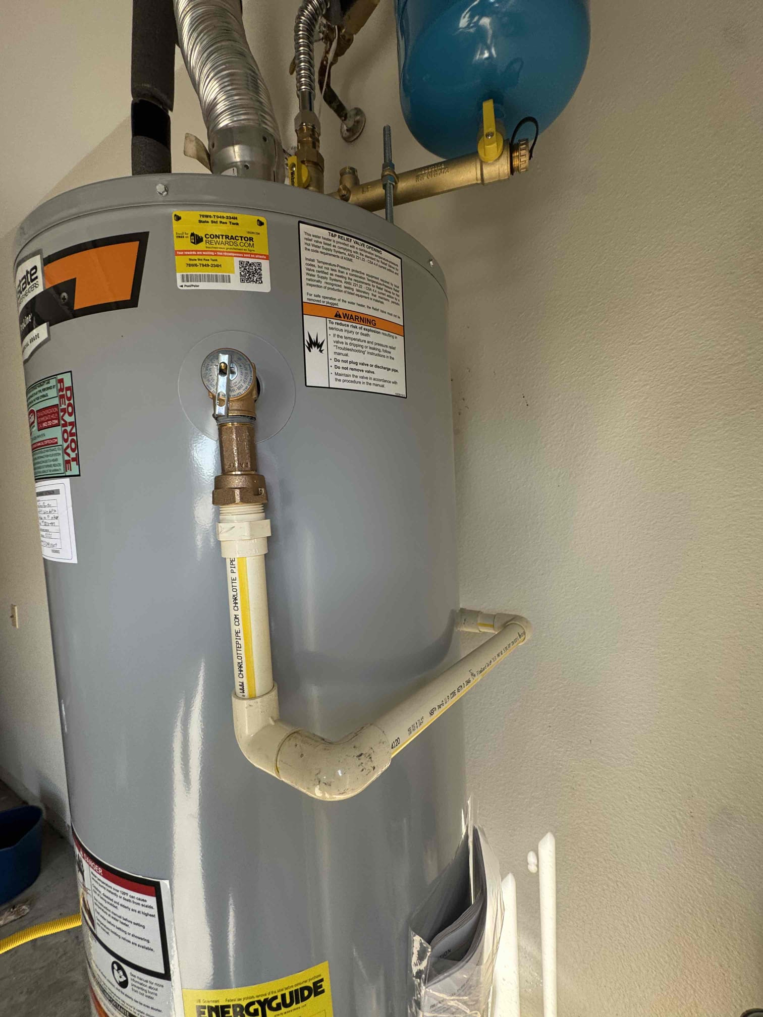 Remove and dispose of existing tank water heater. Replace water shutoff and supply lines. Replace emergency pan, gas flex and sediment trap. Reconnect to existing exhaust piping, t&p discharge piping and pan drain piping. Replace thermal expansion tank. Install anode upgrade and flood protection. Provide city permit and inspection. 