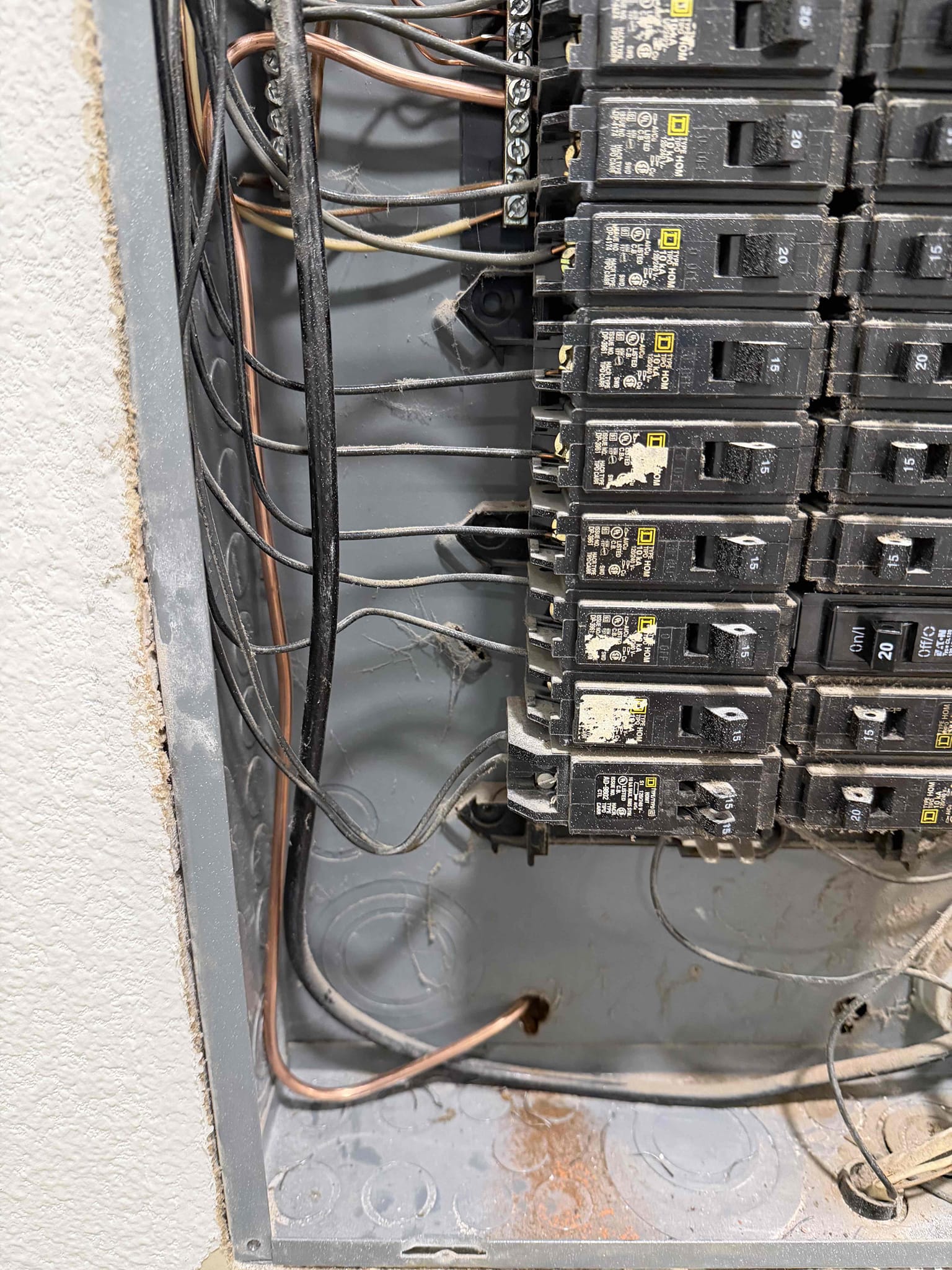 Separating neutrals and grounds in panel box, replacing single pole breaker in panel, adding bell box outside for expose wire in backyard, adding the harness for smoke detectors in home

Separated double lugged grounds and jet rail inside panel and replaced improper breaker in panel.  Cut existing wire exposed outside and installed into box for proper protection, and ran ground from panel through attic to gas pipe on attic furnace. 