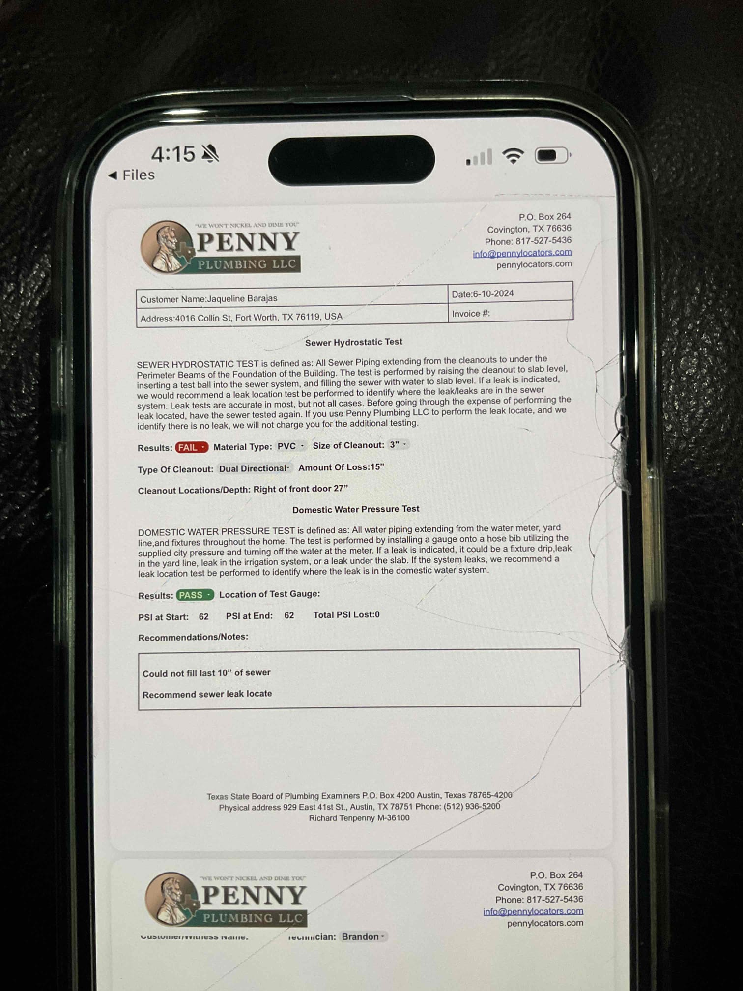 Customer called us out for issue inside of home, looked around inside home and outside. Customer found static test done by plumber when foundation work was done domestic pressure test passed. However hydrostatic test for sewer failed. Gave estimate for whole home hydrostatic pinpoint testing.

Customer needs to discuss with father due to him and the mom owning the house, however she said he cannot talk until after work. If any questions, please call the office to get in contact with me so I can go over any questions with them.