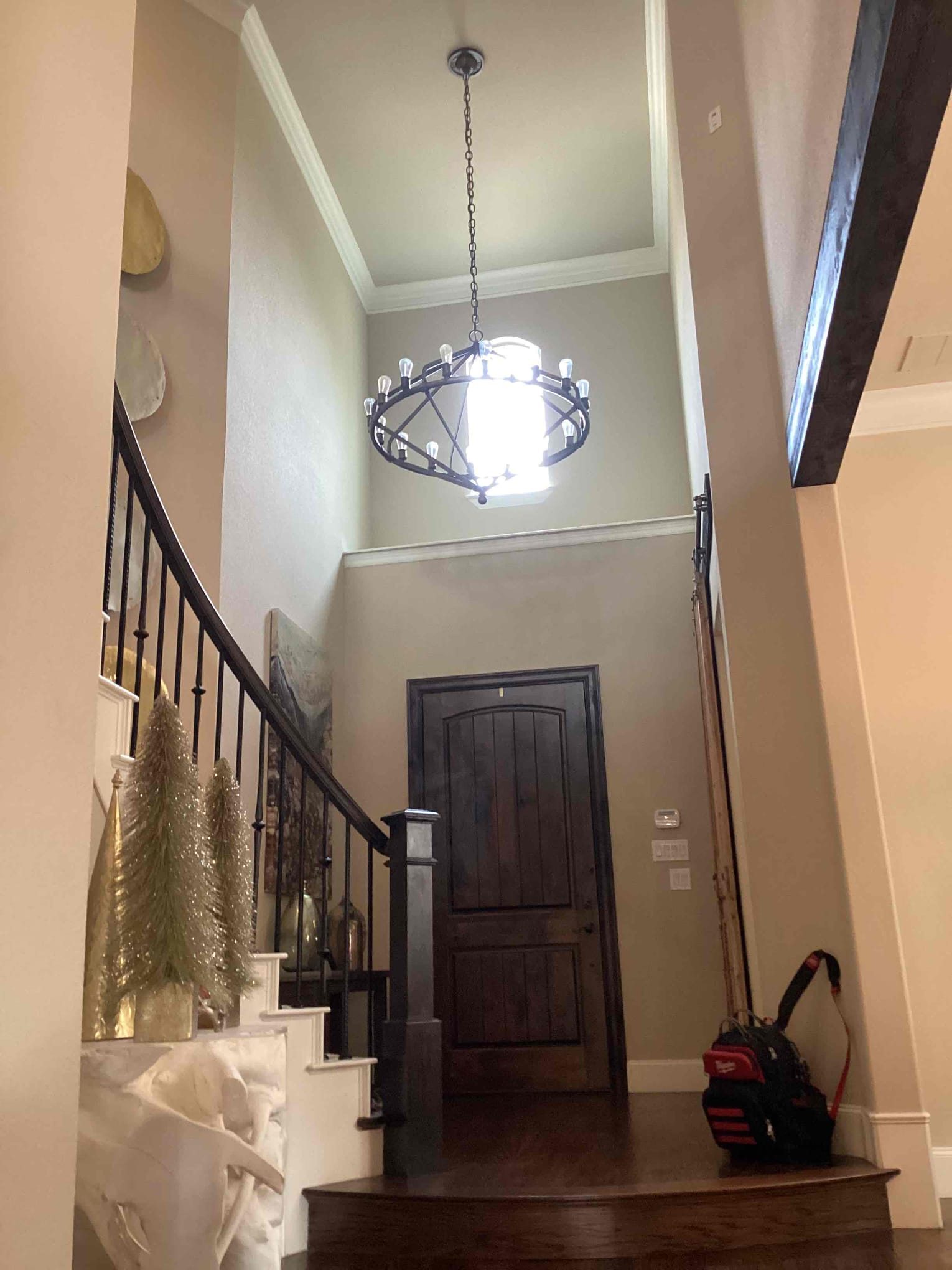 Arrived to look at warranty for a chandelier on a 20 foot ceiling that we repaired a burnt wire and since then the fixture was buzzing and has stopped again. Scheduled a return for Tuesday the 9th for install crew to return and open the canopy cover and fix the wires properly. The homeowner will also have led bulbs onsite so we can replace the incandescents to reduce the load that is being applied to the 18 gauge fixture wire.