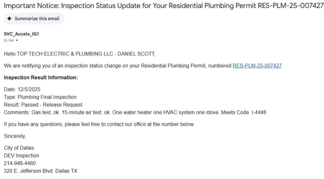 Arrived onsite to put gas system on test at 7am. Inspector showed up at 11 and checked out scope of work and green tagged. Informed customer to reach out to atmosphere about getting gas back on. 



Emailed copy of pass report to homeowner.