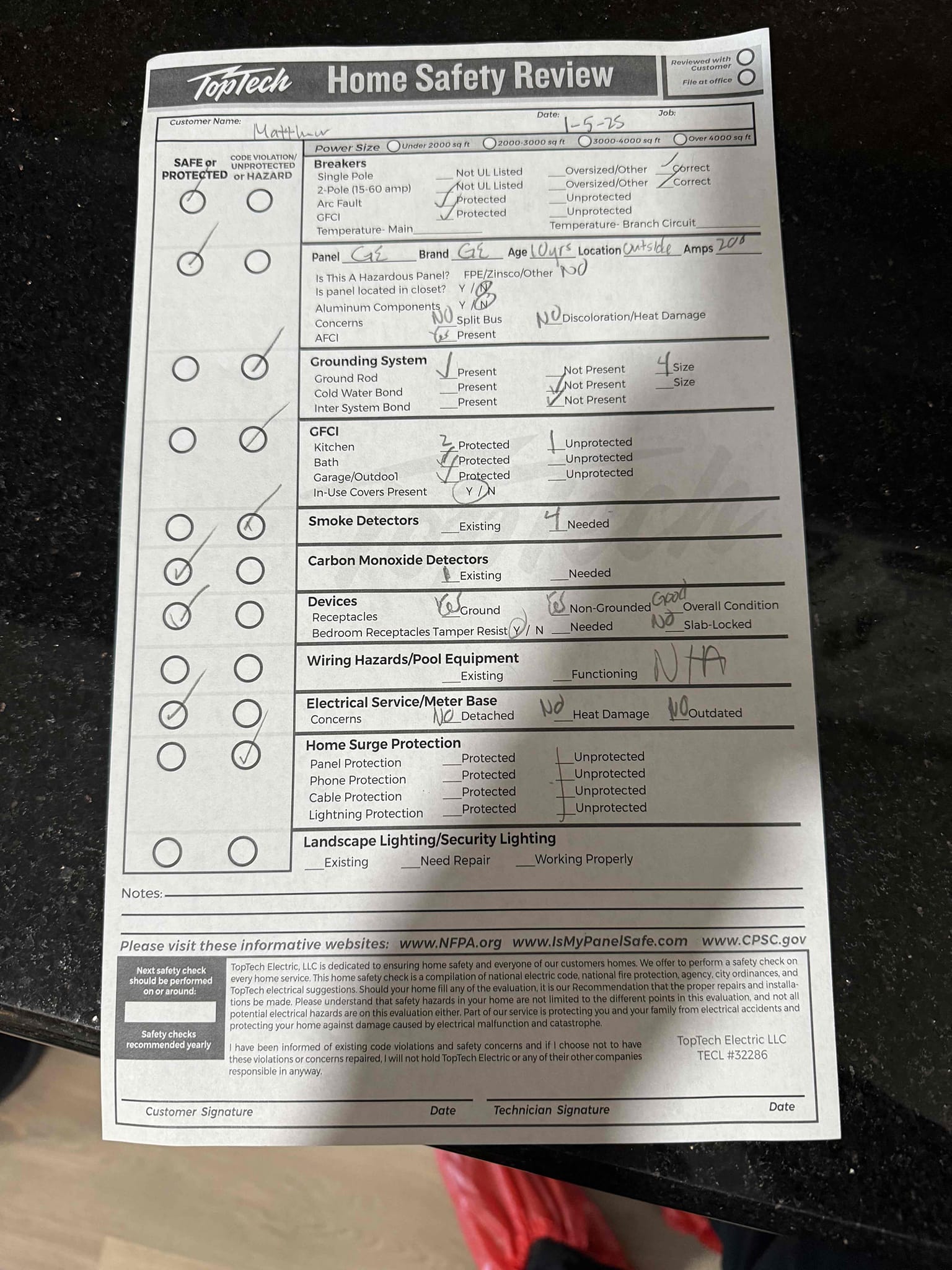 Arrived on the job site and the customer explained that the exterior outlet was not holding the cord securely—the prongs kept coming loose. I replaced the outlet and installed a new weatherproof flat cover. I also performed a full safety evaluation and reviewed the findings with the customer, including recommended upgrades. The customer respectfully declined having any additional solutions written up for today. He is 100% satisfied with the visit and understands that the outlet and cover come with a 5-year warranty.