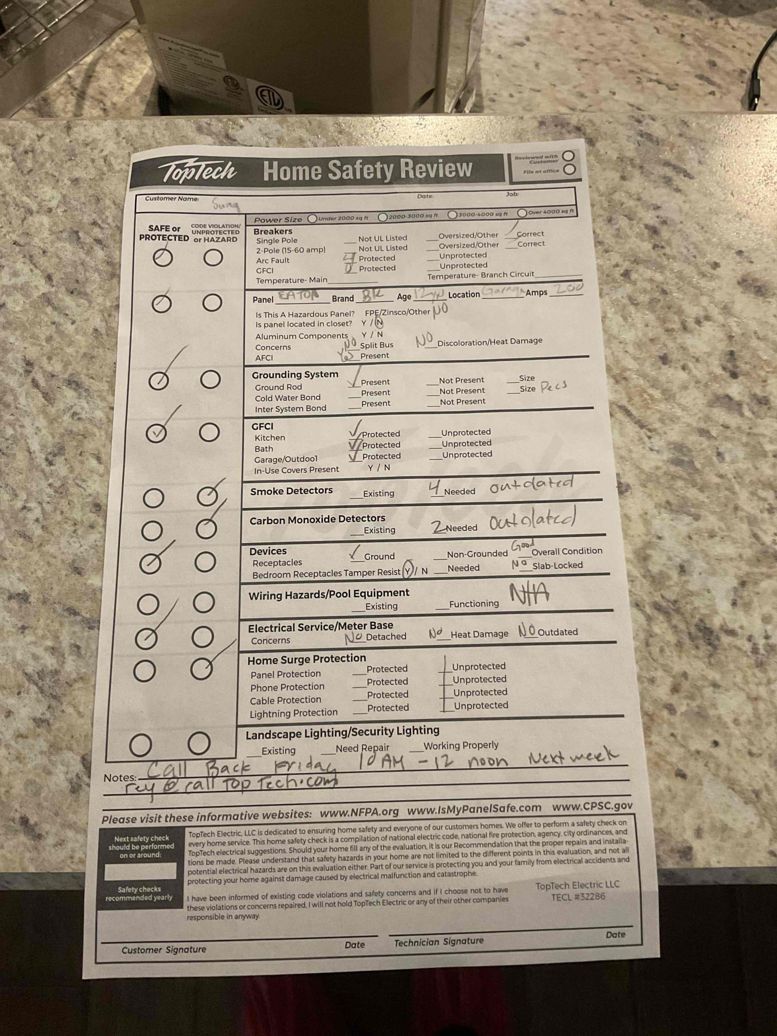 Arrived on the job site and the customer explained that an outlet in the master bedroom had made contact with the metal bed frame, causing a spark and damaging the outlet. We replaced the duplex outlet in the bedroom and verified that everything was working properly. I informed the customer that the outlet comes with a 5-year warranty.

During the electrical safety inspection, I identified a few outdated or non-compliant items, including the smoke detectors, surge protection, and the existing 120V car charger, which should be upgraded to a 240V NEMA 14-50 plug. The customer would like some time to consider the additional work, and we will follow up next Friday to discuss pricing. The customer was 100% satisfied with today’s visit.