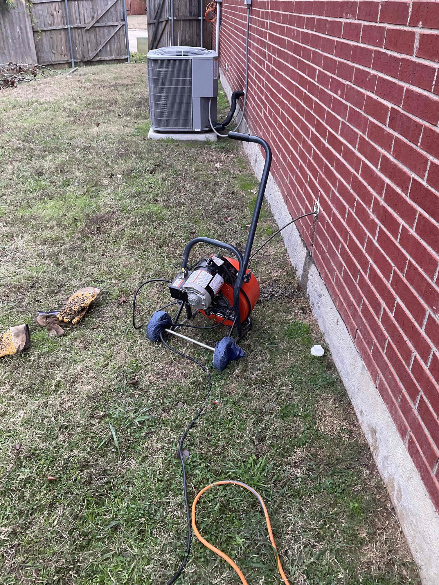 - attempt to restore flow to kitchen drain from outside clean-out with cable.

** no warranty on cable **

Was able to successfully restore flow to kitchen drain tested for 10min and water was going down good now.

Cleaned up tools and trash.