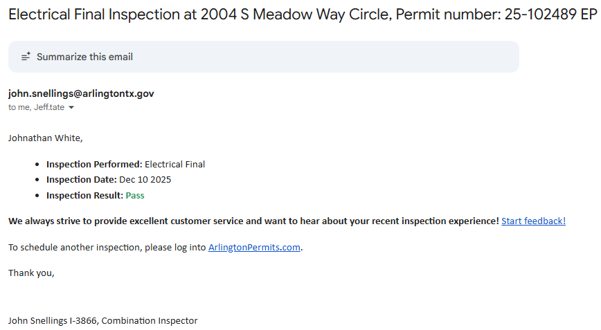 Met inspector onsite and passed the final inspection.