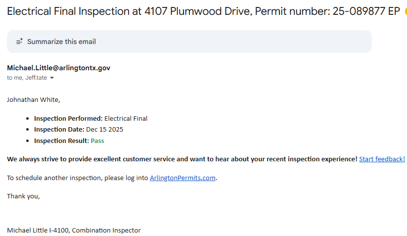 Inspector arrived before I made it onsite and passed the final inspection. Emailed copy of pass report.