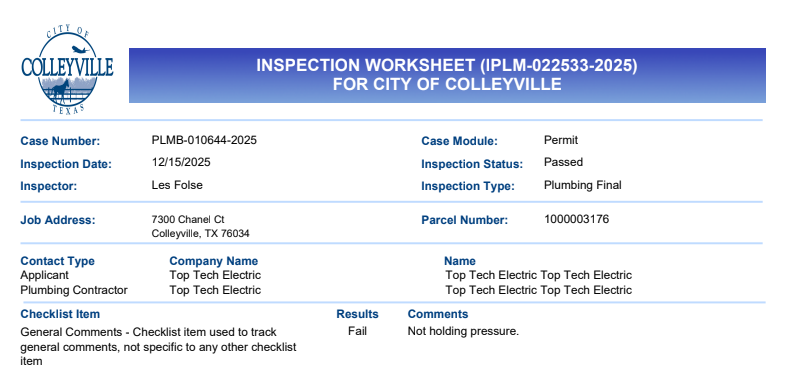 Arrived on site to put whole house system on pressure test after shutting down all appliances and pressurizing the system to 10 psi. Has a drop in pressure and and proceeded to go around checking the repairs we made. Found a 1 1/2 union on back side of home that needed to be tightened down in order to seal off leak. Repressurized and test again and held for an hour. 

Update: 12/15/25 - put system on test and everything held. Inspector came by and passed the inspection so all is good and closed out. 
