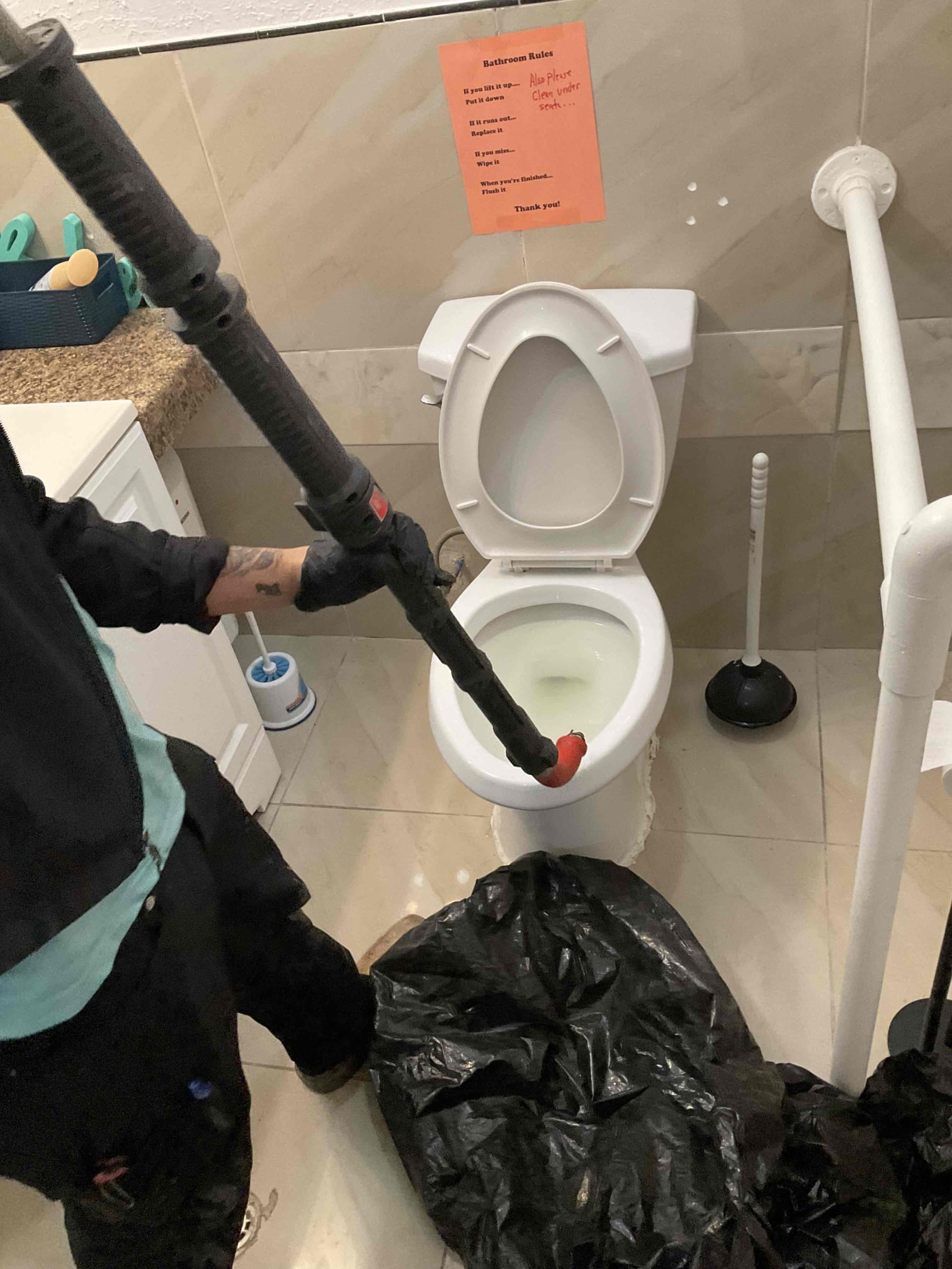 - attempt to restore flow to toilet in building suites ( 401-404 )

** no warranty on cable **

Successfully restored flow to toilet, however I did explain the current toilet has a very weak flush. he needs a power flush installed for a higher quality more consistent, powerful flush. Customers going to wait on a new toilet however he is satisfied with today’s visit.